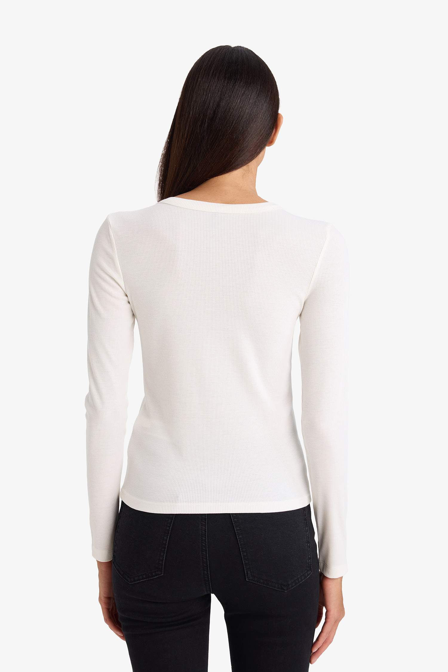 Slim Fit Dar Kesim Basic Düz Fitilli Kaşkorse Uzun Kollu Tişört