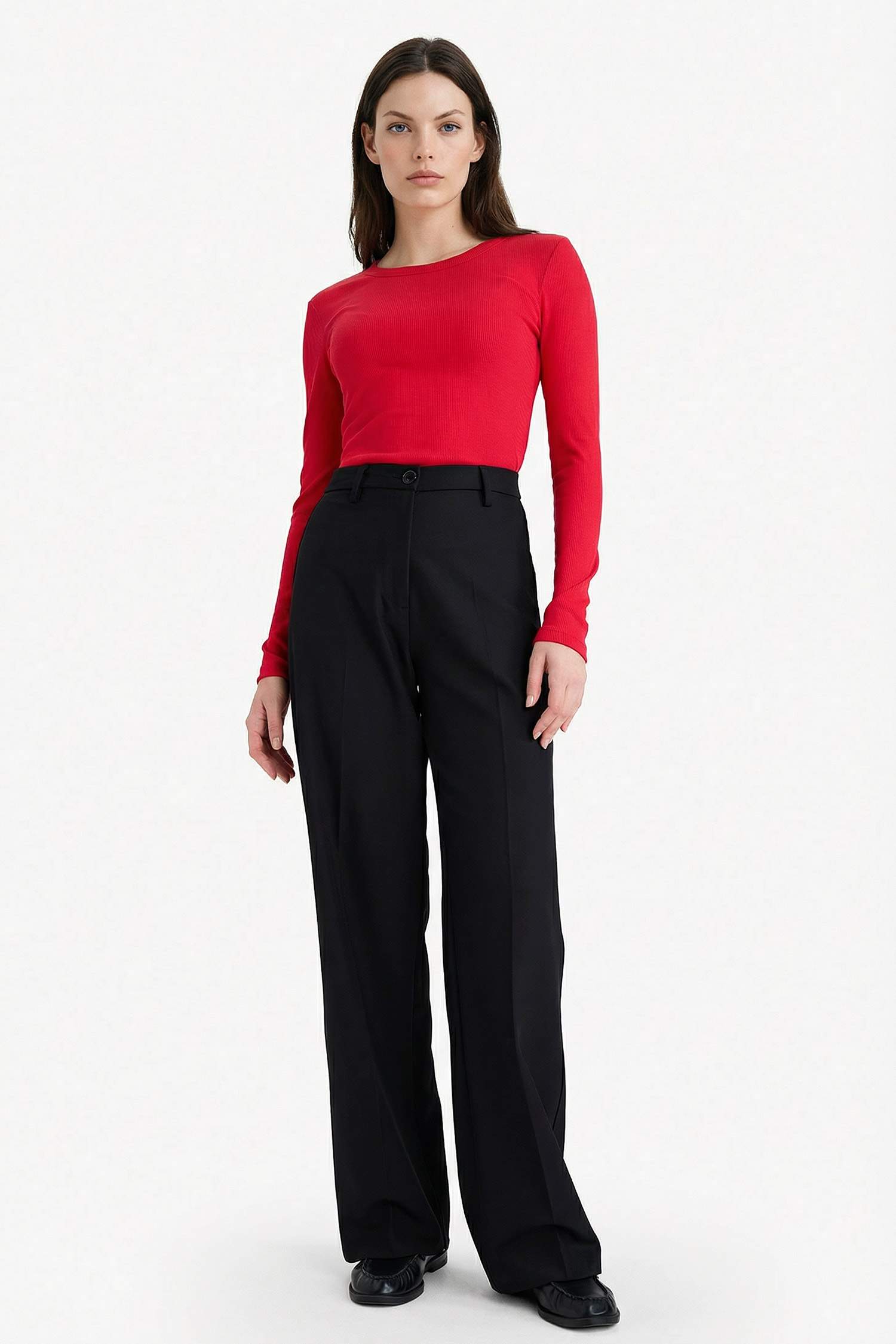 Slim Fit Dar Kesim Basic Düz Fitilli Kaşkorse Uzun Kollu Tişört