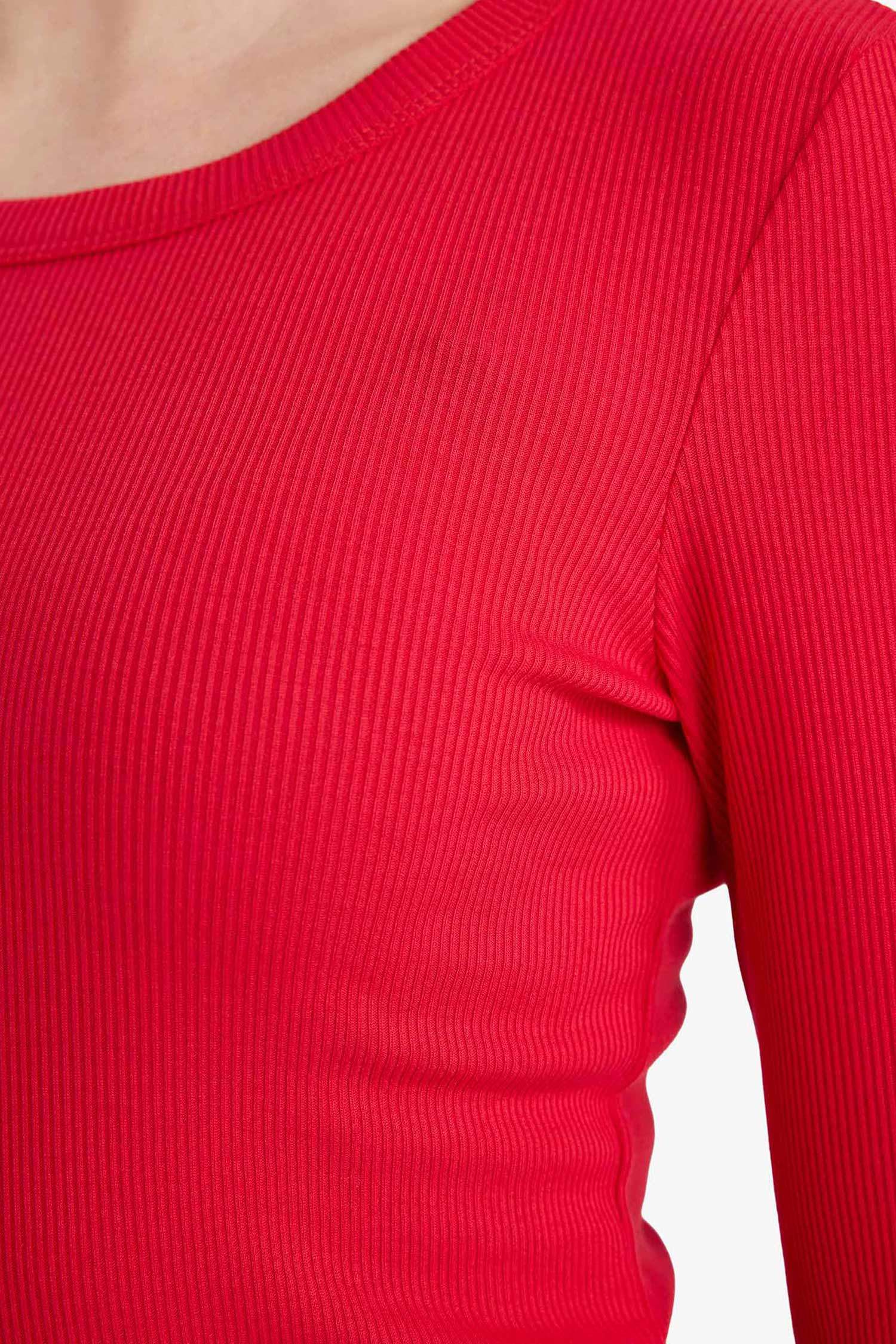 Slim Fit Dar Kesim Basic Düz Fitilli Kaşkorse Uzun Kollu Tişört