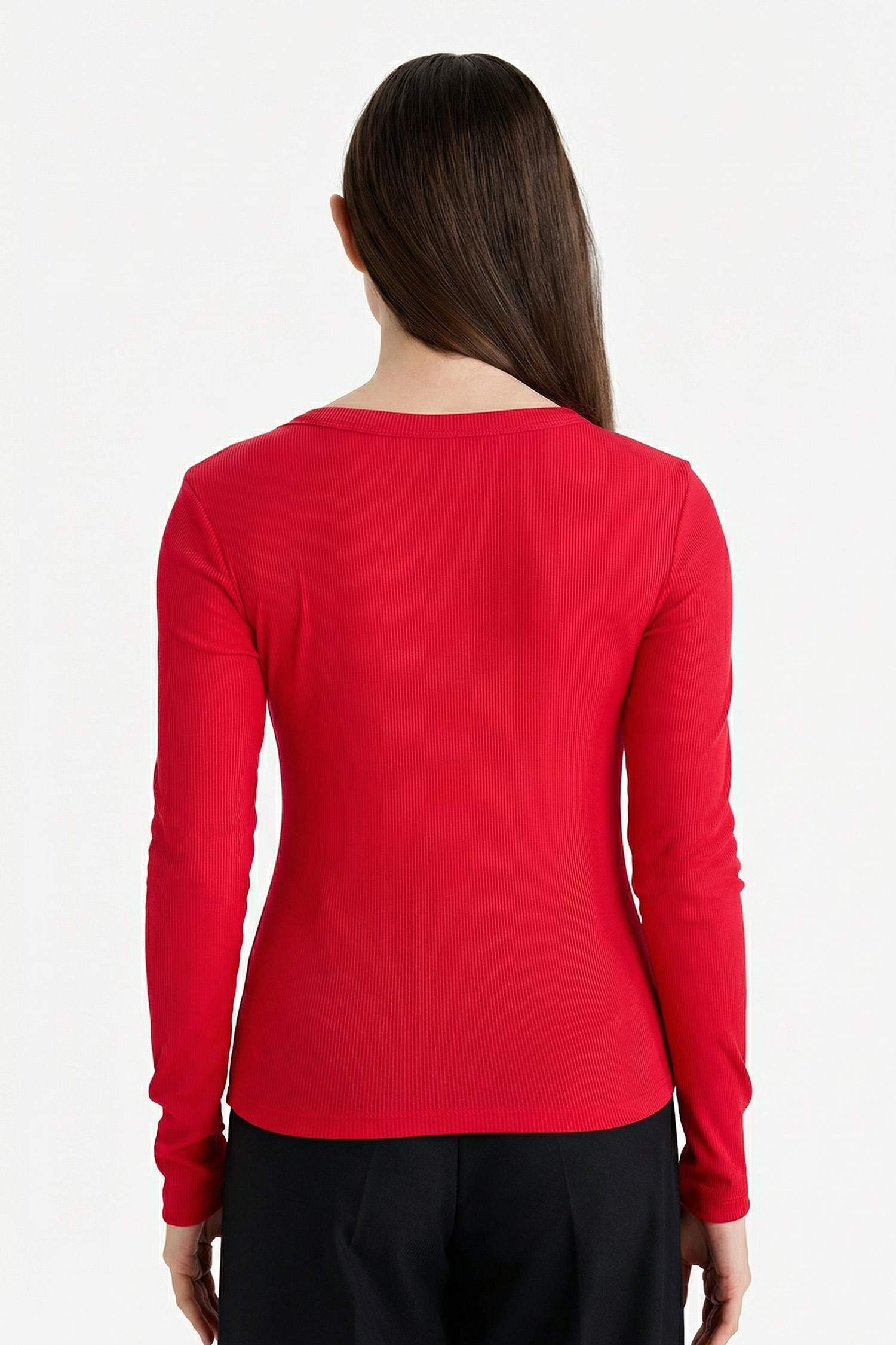 Slim Fit Dar Kesim Basic Düz Fitilli Kaşkorse Uzun Kollu Tişört