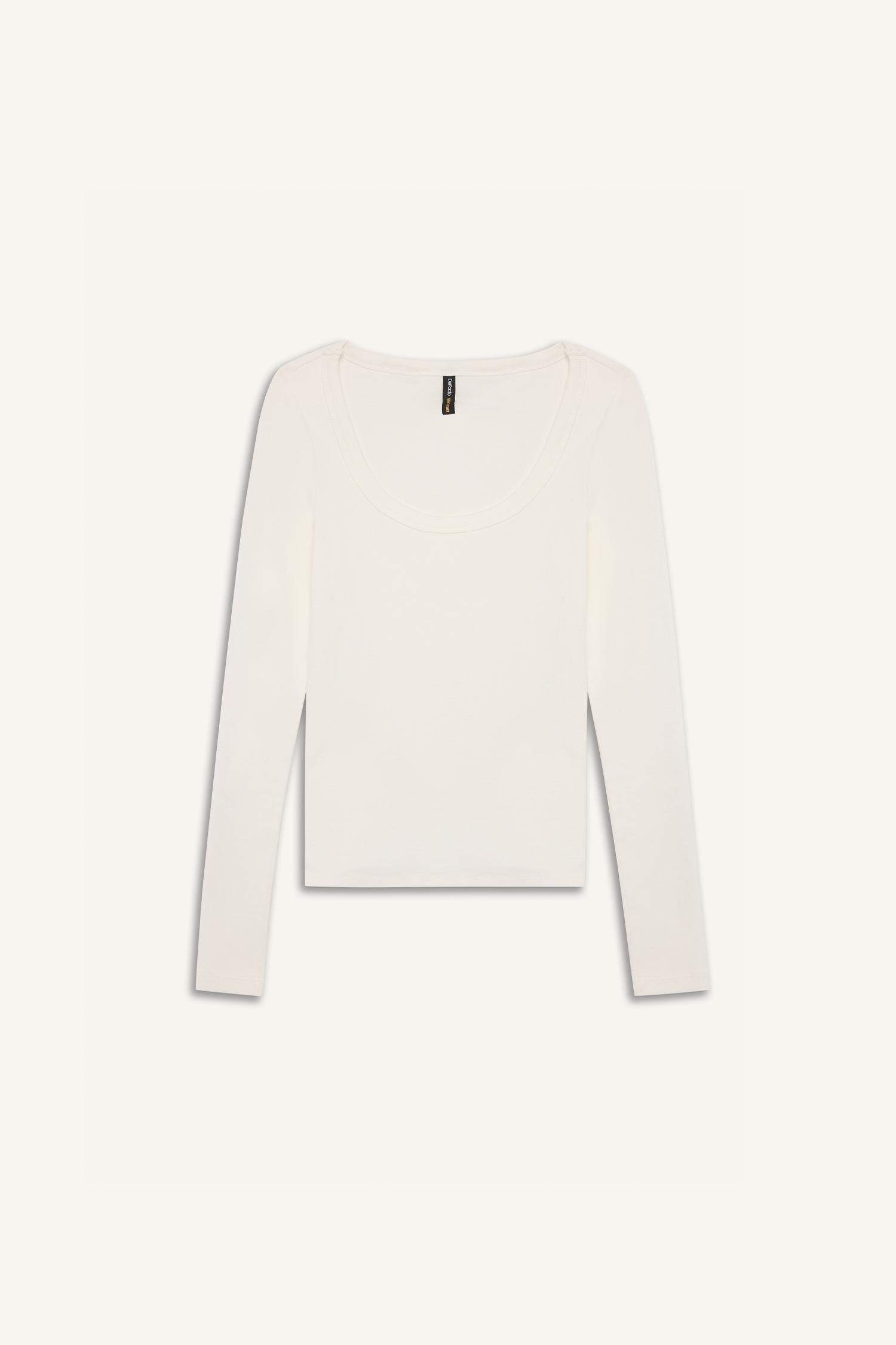 Slim Fit Dar Kesim Basic Düz Fitilli Kaşkorse Uzun Kollu Beyaz Tişört