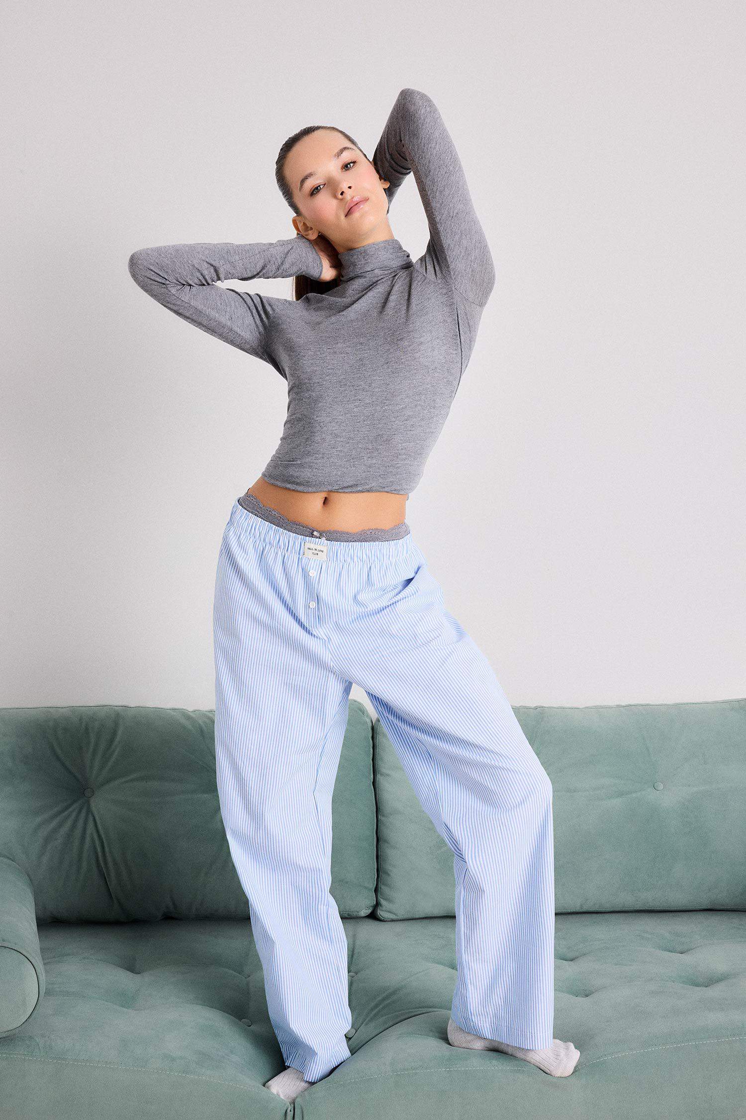 Çizgili Uzun Boy Poplin Pijama Altı-Fall in Love