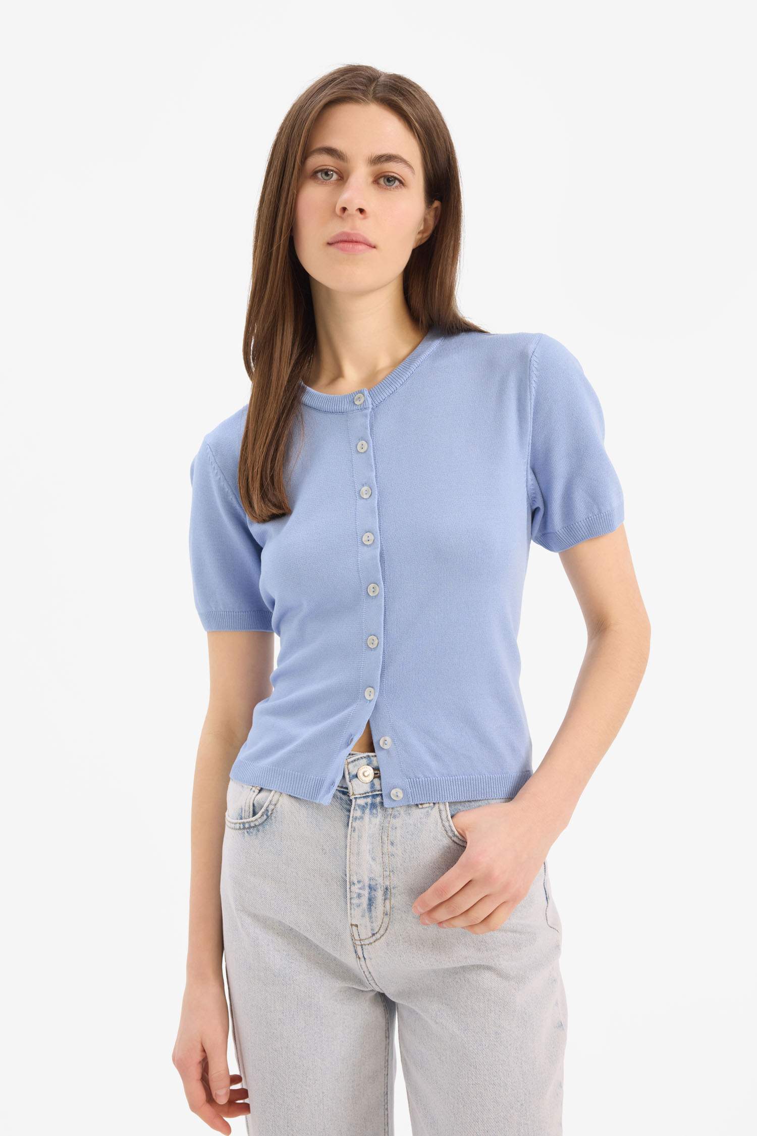 Regular Fit Bisiklet Yaka Basic Düz Triko Hırka