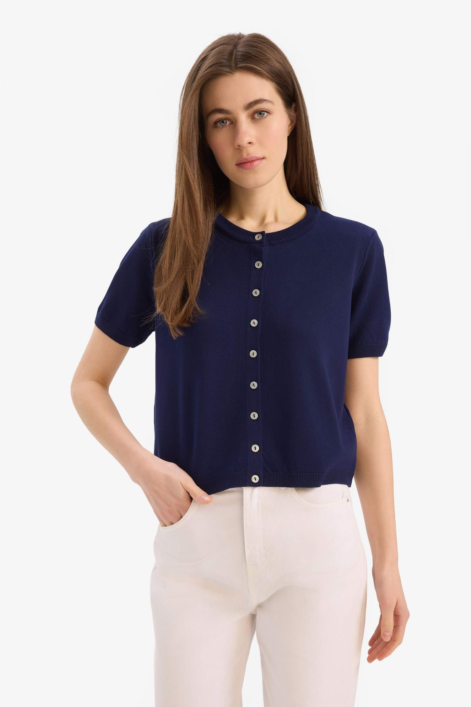 	Regular Fit Bisiklet Yaka Basic Düz Triko Hırka