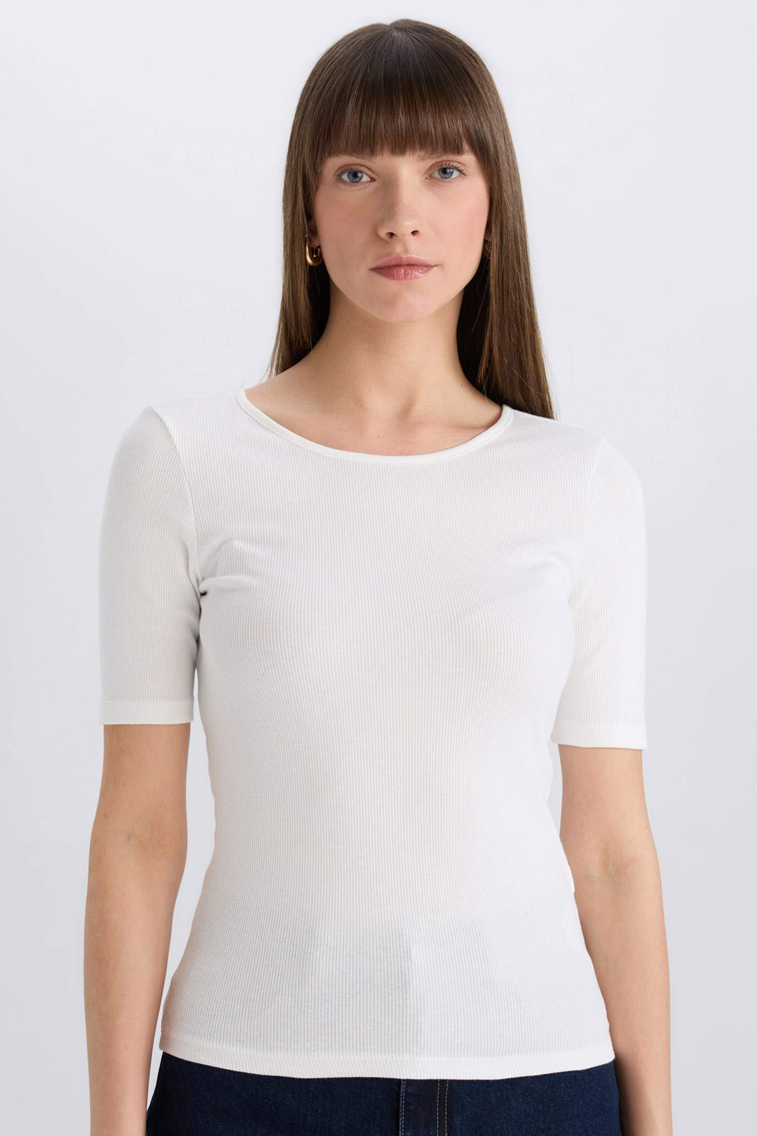 Slim Fit Dar Kesim Bisiklet Yaka Basic Düz Fitilli Kaşkorse Kısa Kollu Tişört