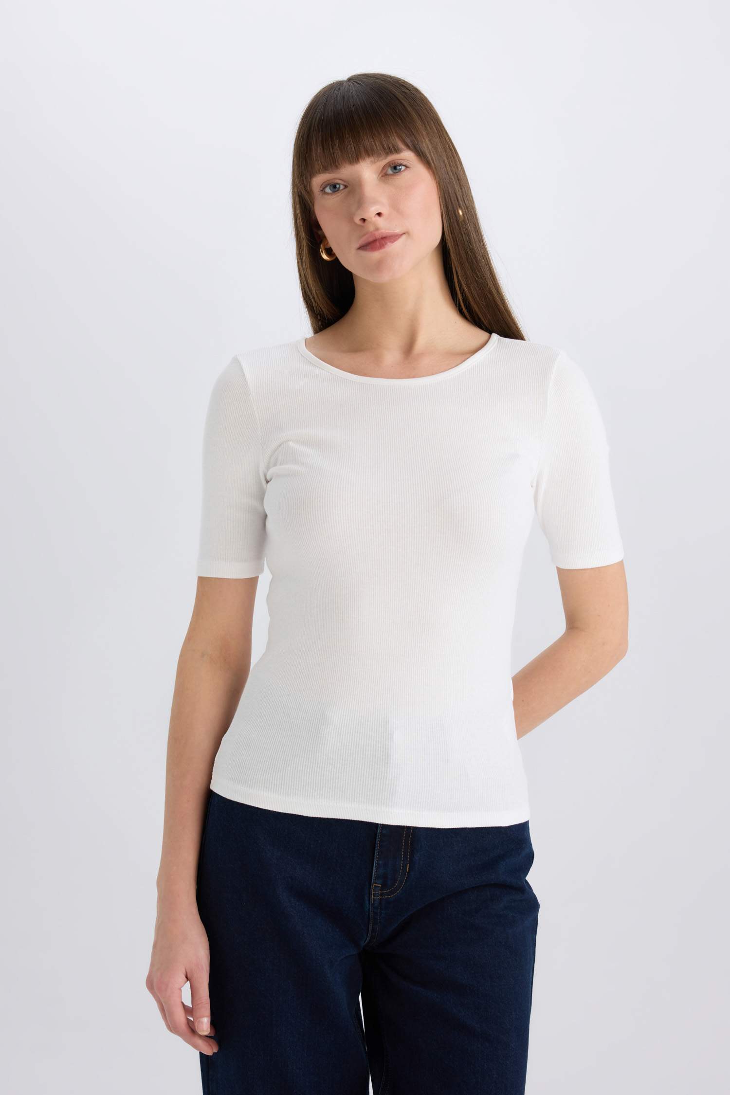 Slim Fit Dar Kesim Bisiklet Yaka Basic Düz Fitilli Kaşkorse Kısa Kollu Tişört