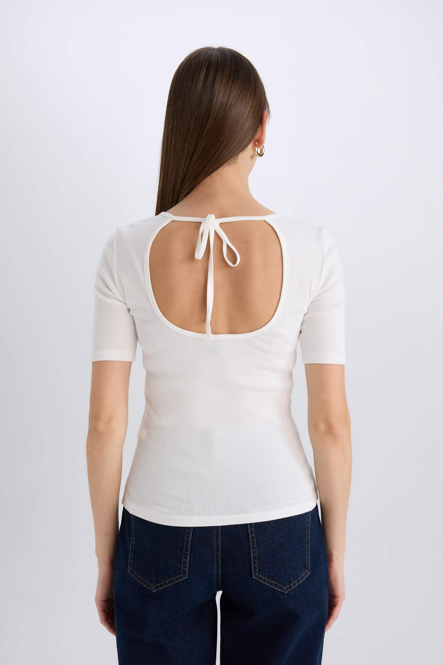 Slim Fit Dar Kesim Bisiklet Yaka Basic Düz Fitilli Kaşkorse Kısa Kollu Tişört