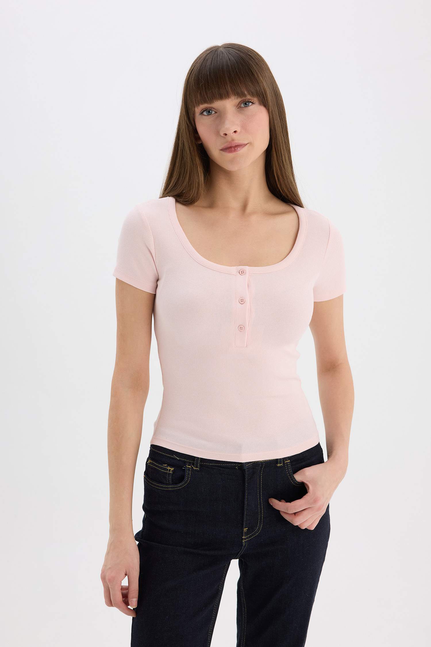 Slim Fit Dar Kesim Yuvarlak Yaka Basic Düz Fitilli Kaşkorse Kısa Kollu Tişört