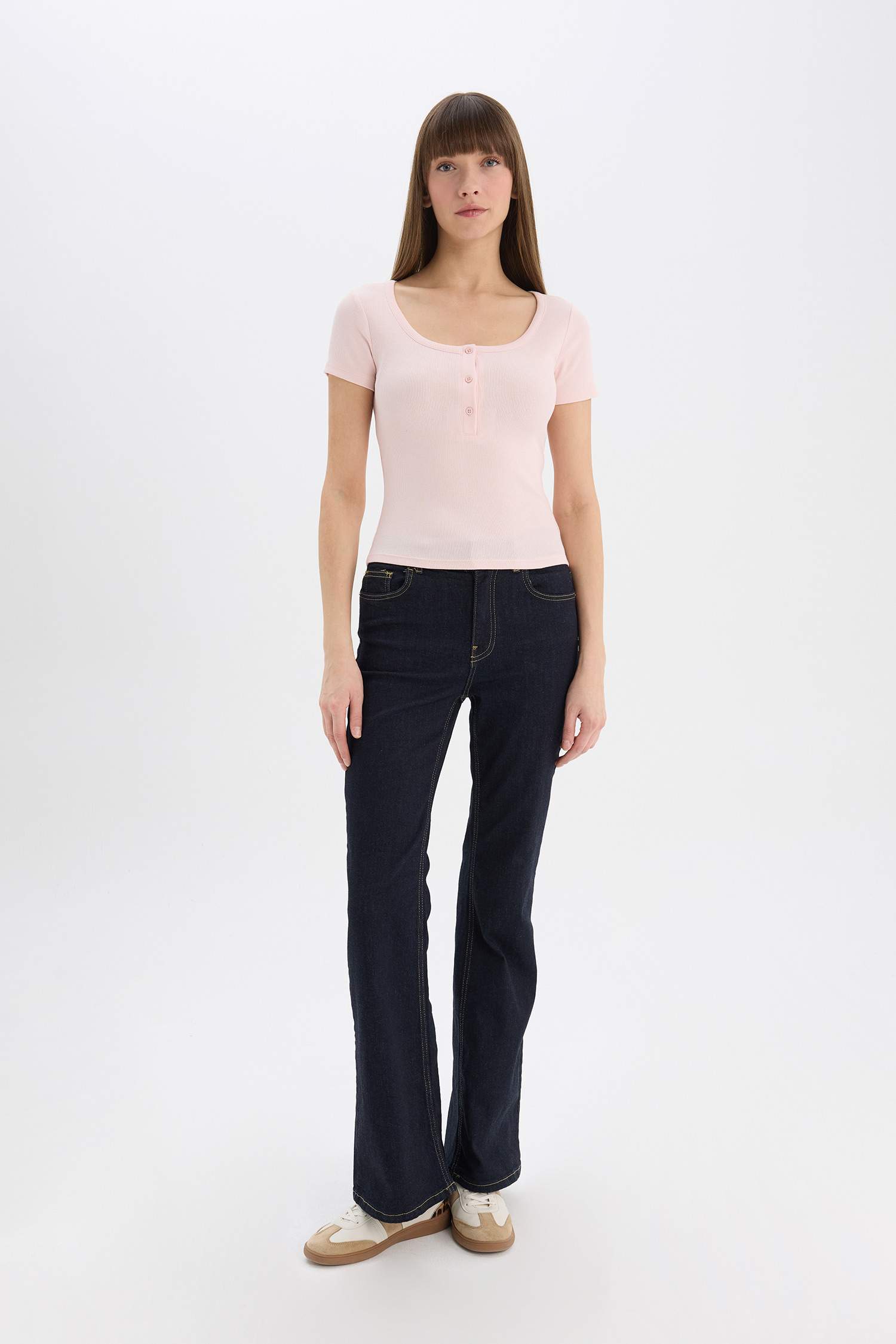 Slim Fit Dar Kesim Yuvarlak Yaka Basic Düz Fitilli Kaşkorse Kısa Kollu Tişört