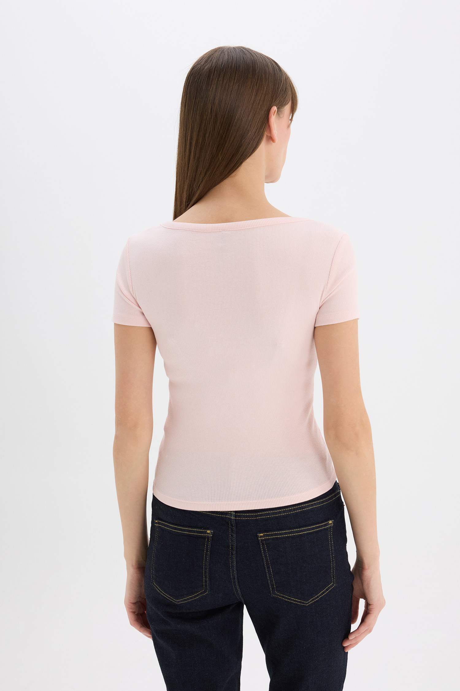 Slim Fit Dar Kesim Yuvarlak Yaka Basic Düz Fitilli Kaşkorse Kısa Kollu Tişört