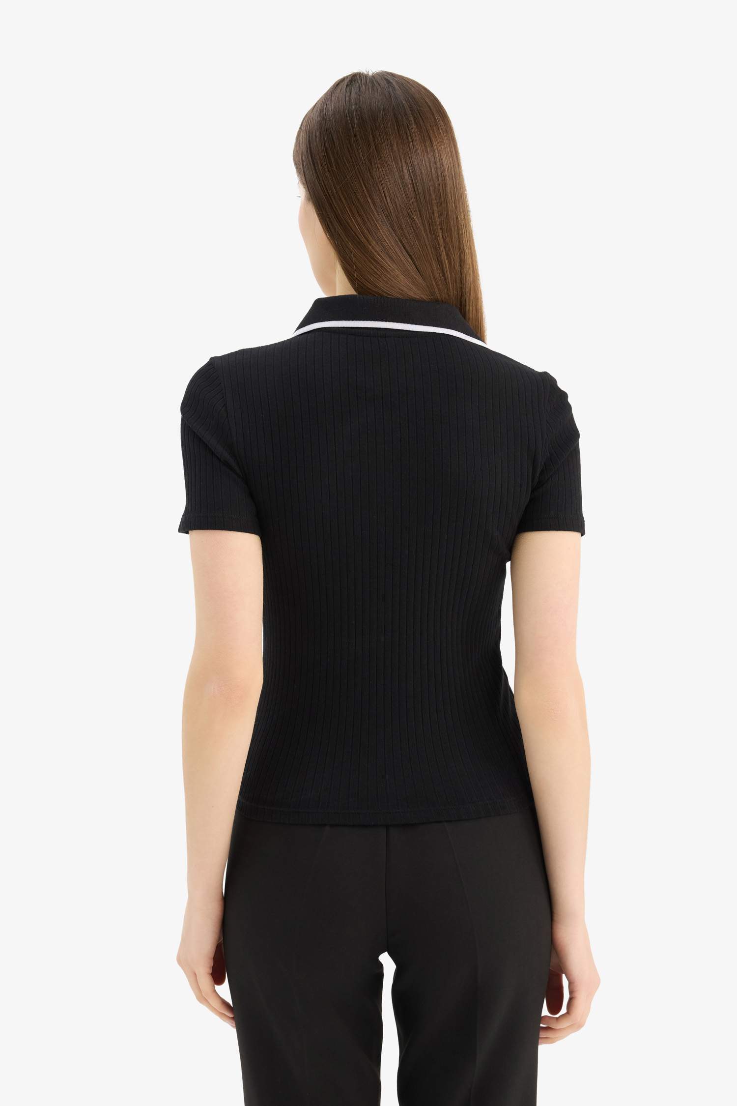 Slim Fit Dar Kesim Polo Yaka Fitilli Kaşkorse Kısa Kollu Tişört