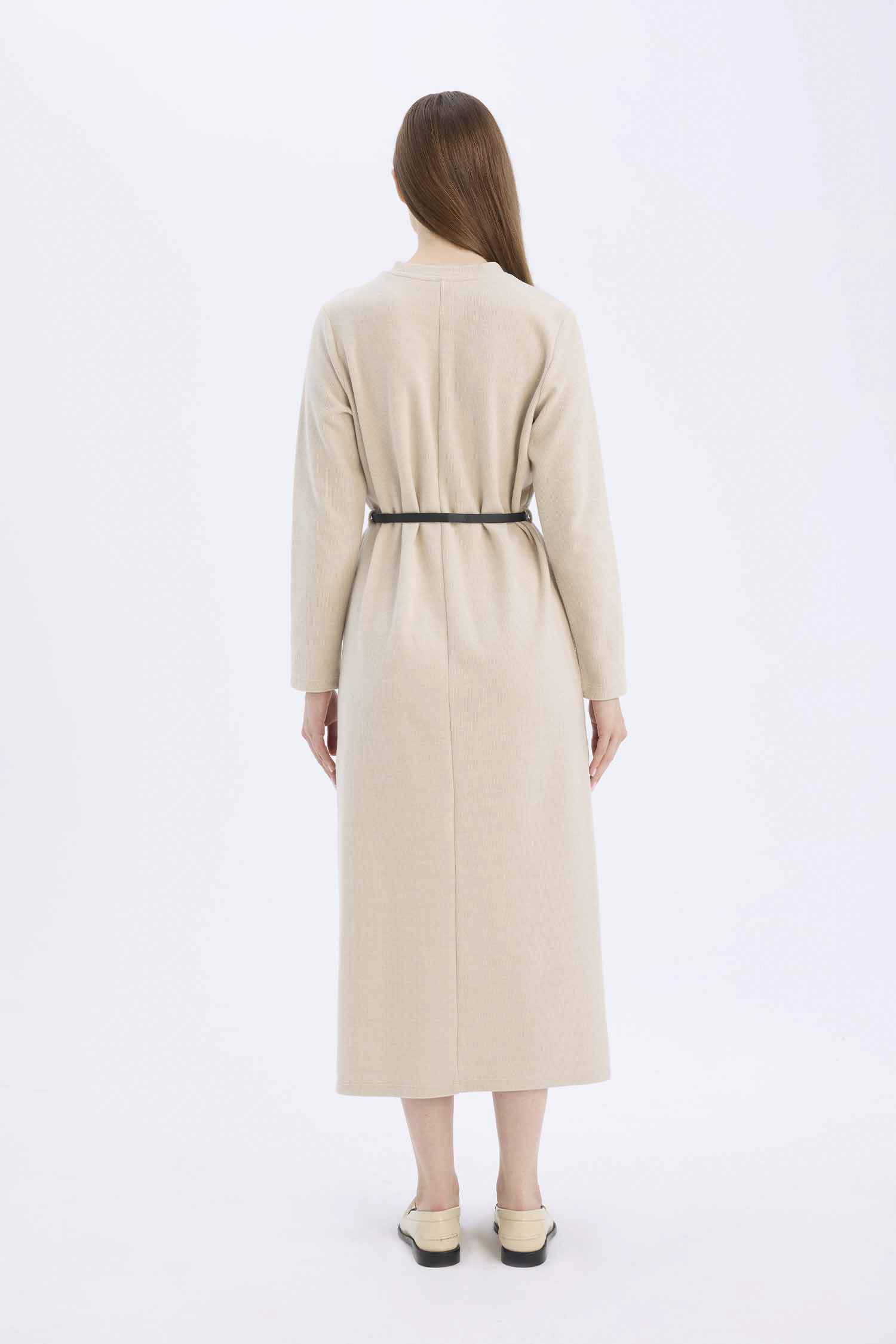 Regular Fit Crew Neck Belted Selanik Fabric Maxi Dress