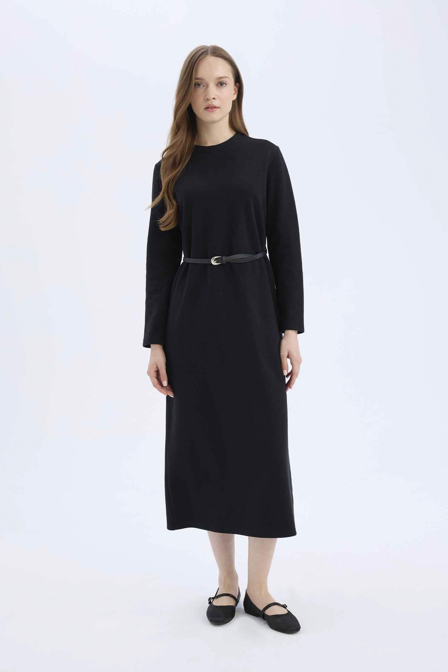 Regular Fit Bisiklet Yaka Uzun Kollu Kemerli Selanik Kumaş Maxi Tesettür Elbise