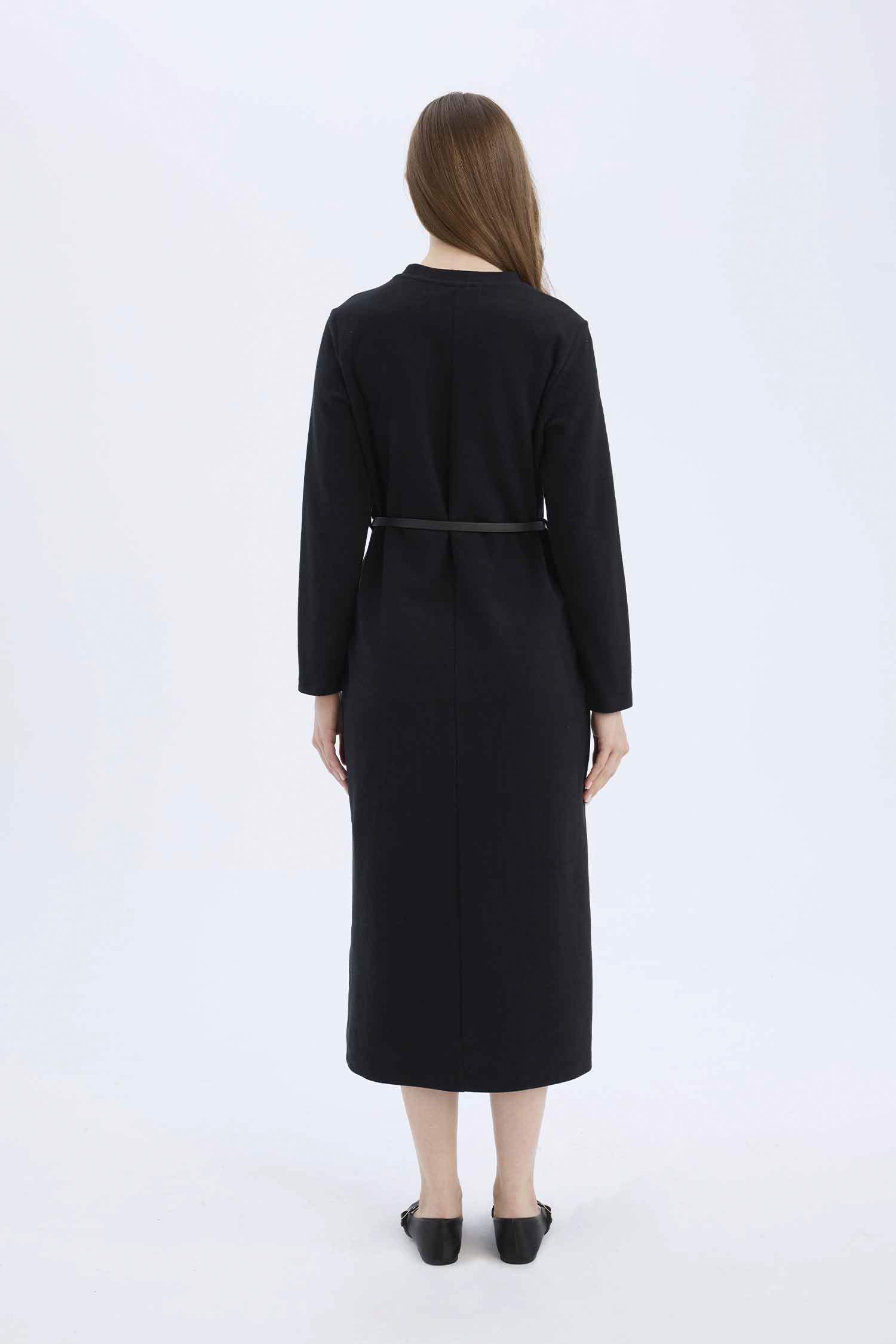 Regular Fit Bisiklet Yaka Uzun Kollu Kemerli Selanik Kumaş Maxi Tesettür Elbise