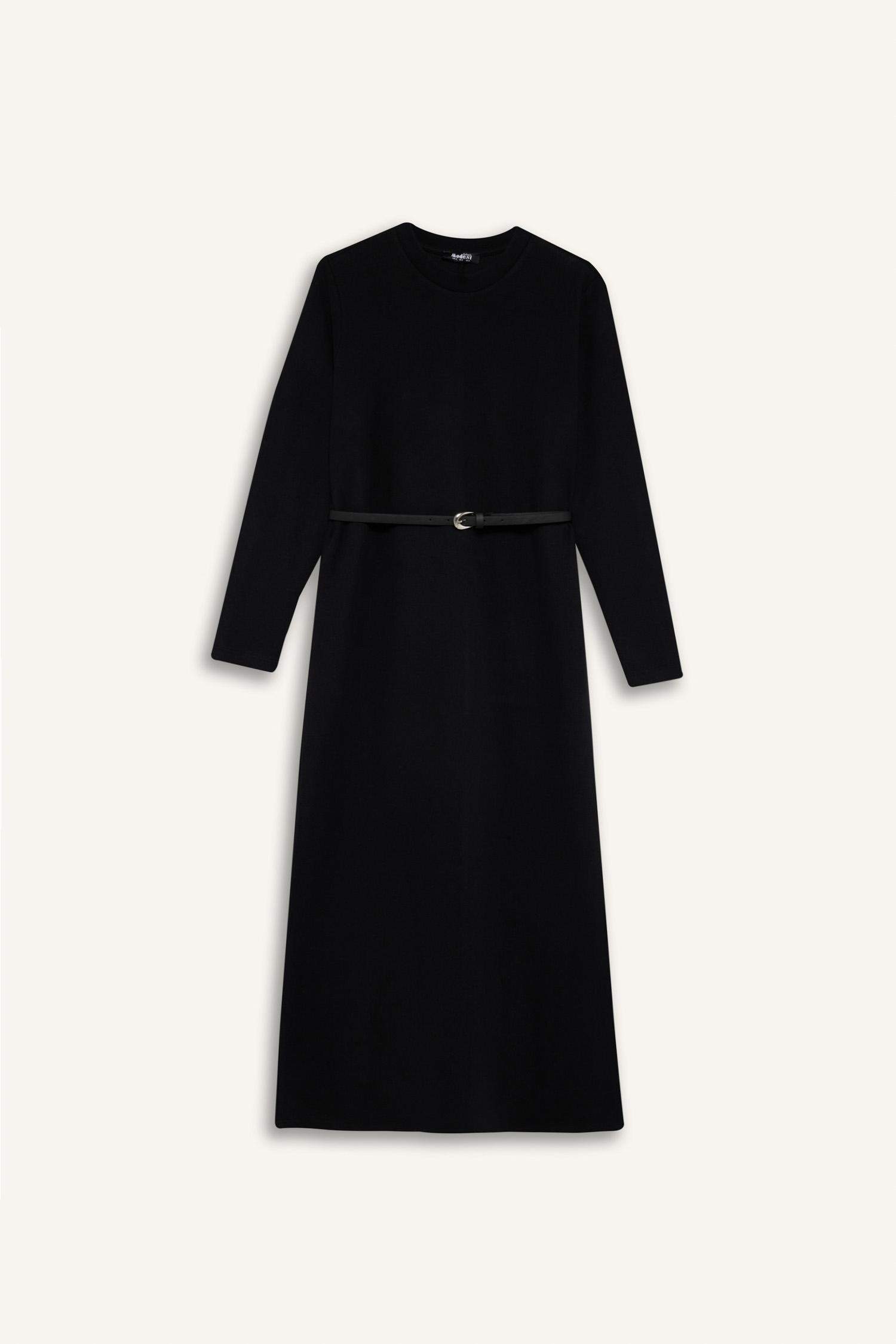 Regular Fit Bisiklet Yaka Uzun Kollu Kemerli Selanik Kumaş Maxi Tesettür Elbise