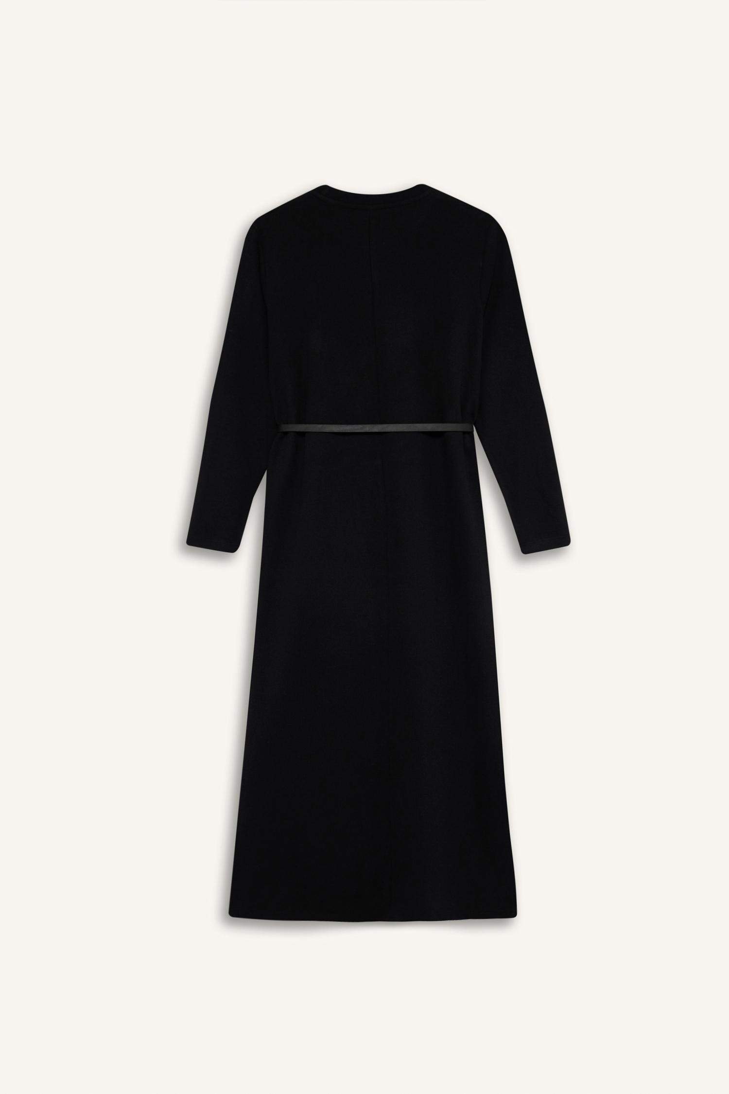 Regular Fit Bisiklet Yaka Uzun Kollu Kemerli Selanik Kumaş Maxi Tesettür Elbise