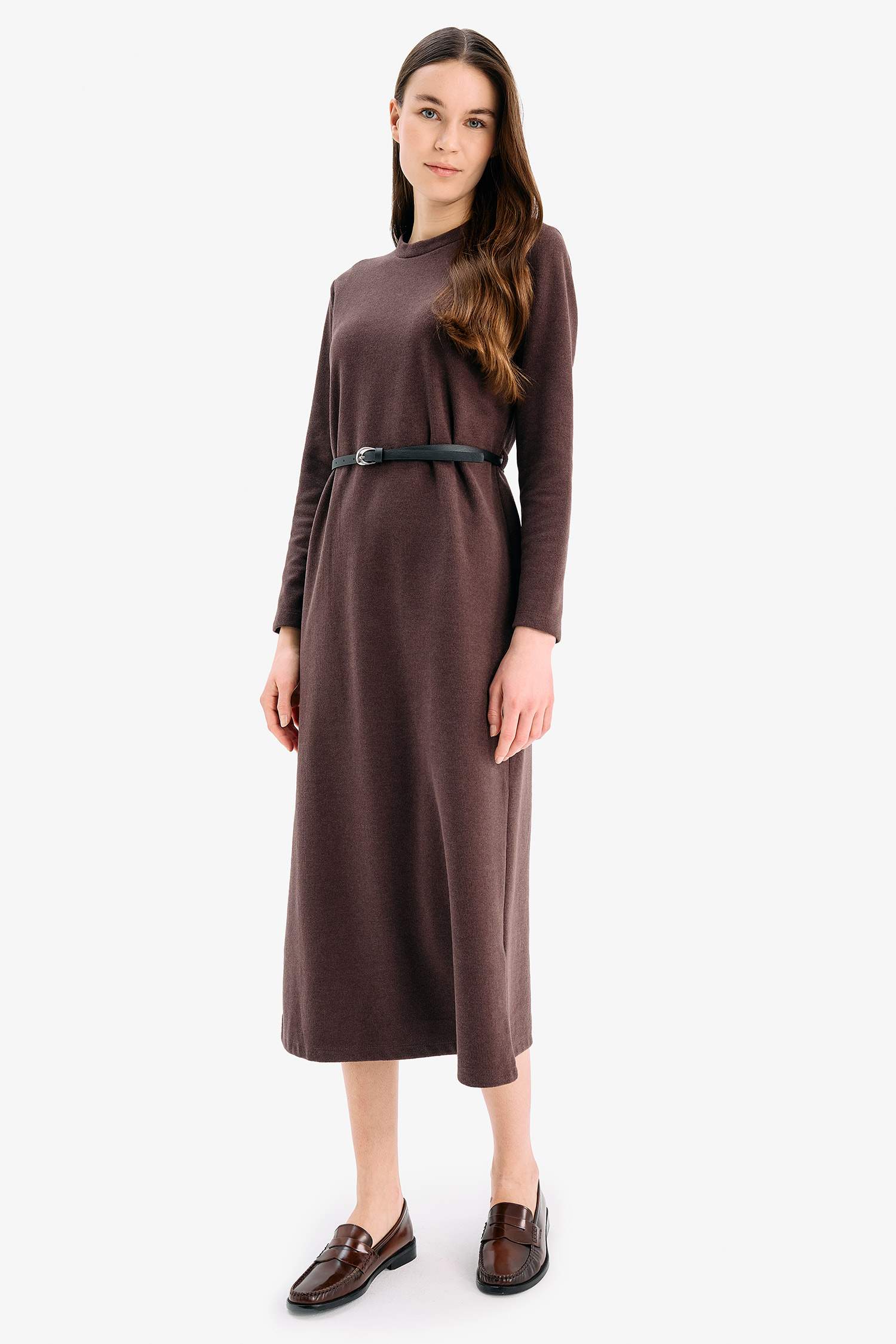 Regular Fit Crew Neck Basic Belted Long Sleeve Midi Dress