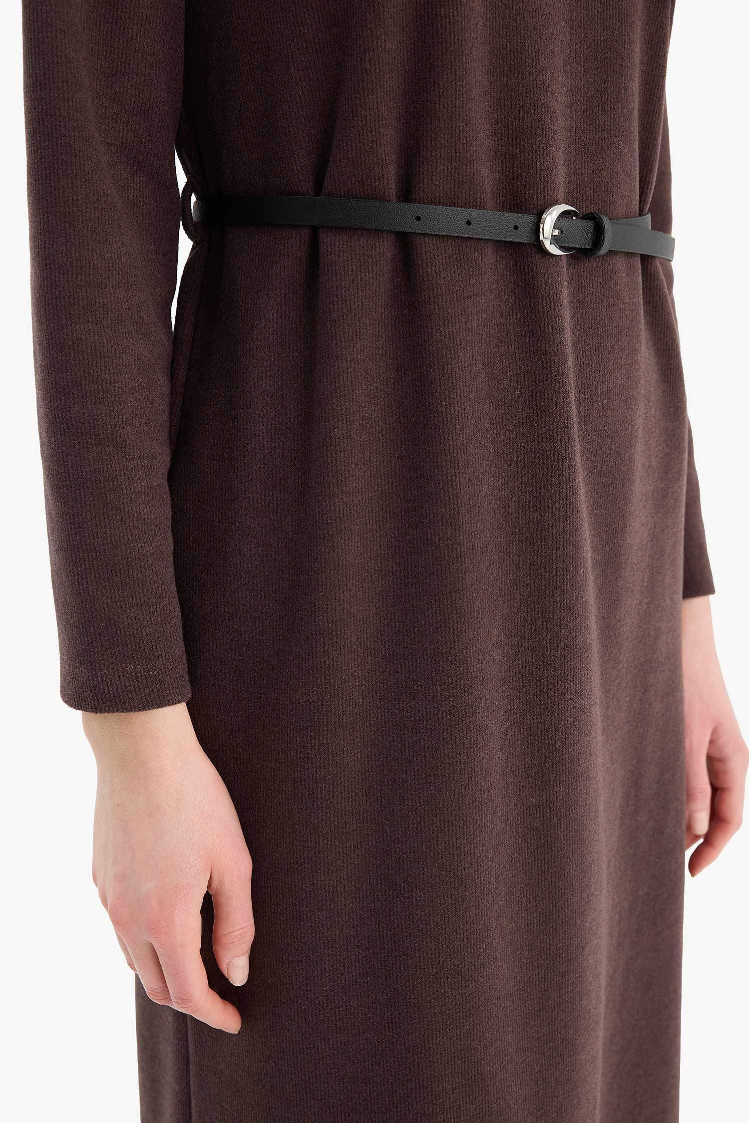Regular Fit Crew Neck Basic Belted Long Sleeve Midi Dress