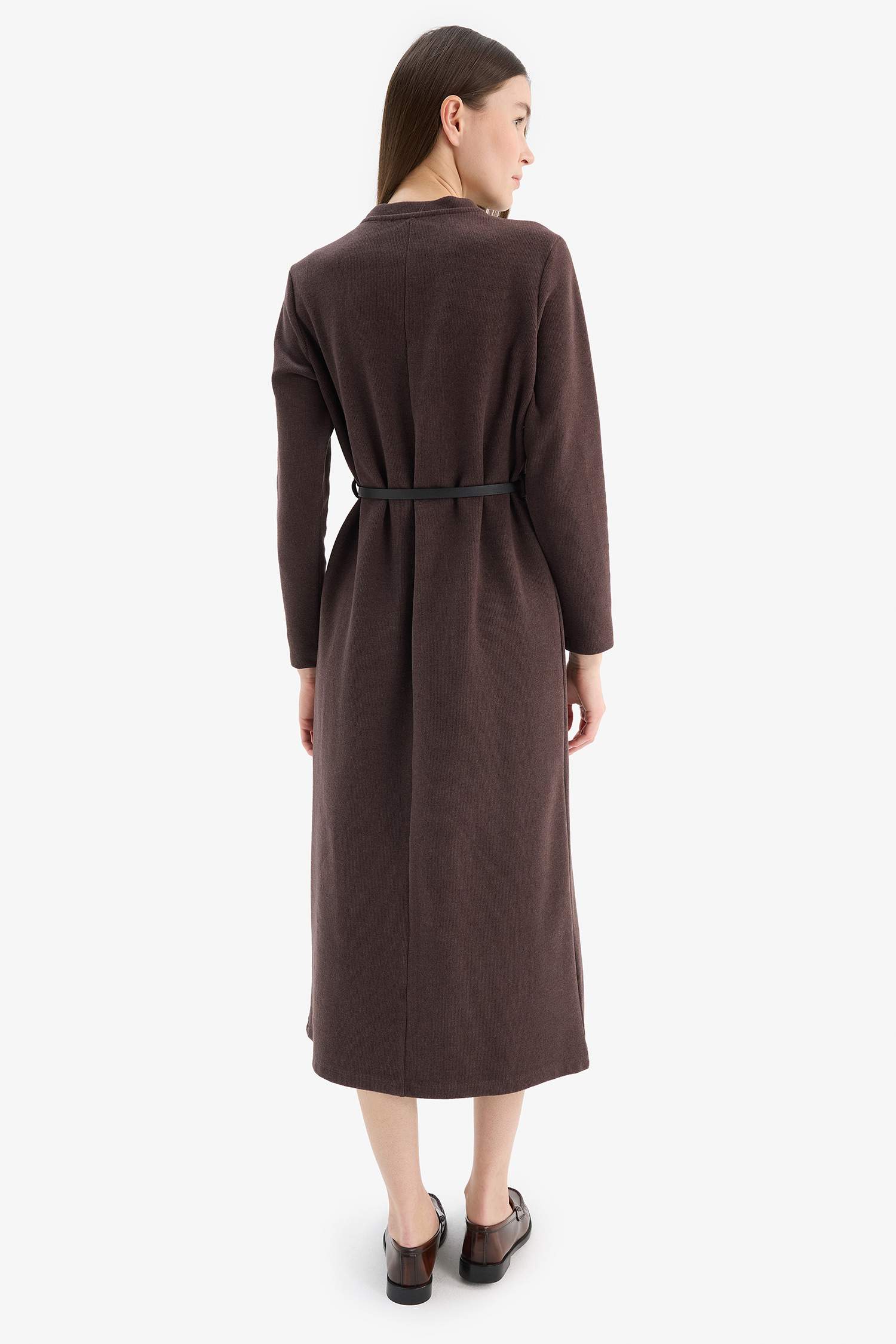 Regular Fit Crew Neck Basic Belted Long Sleeve Midi Dress