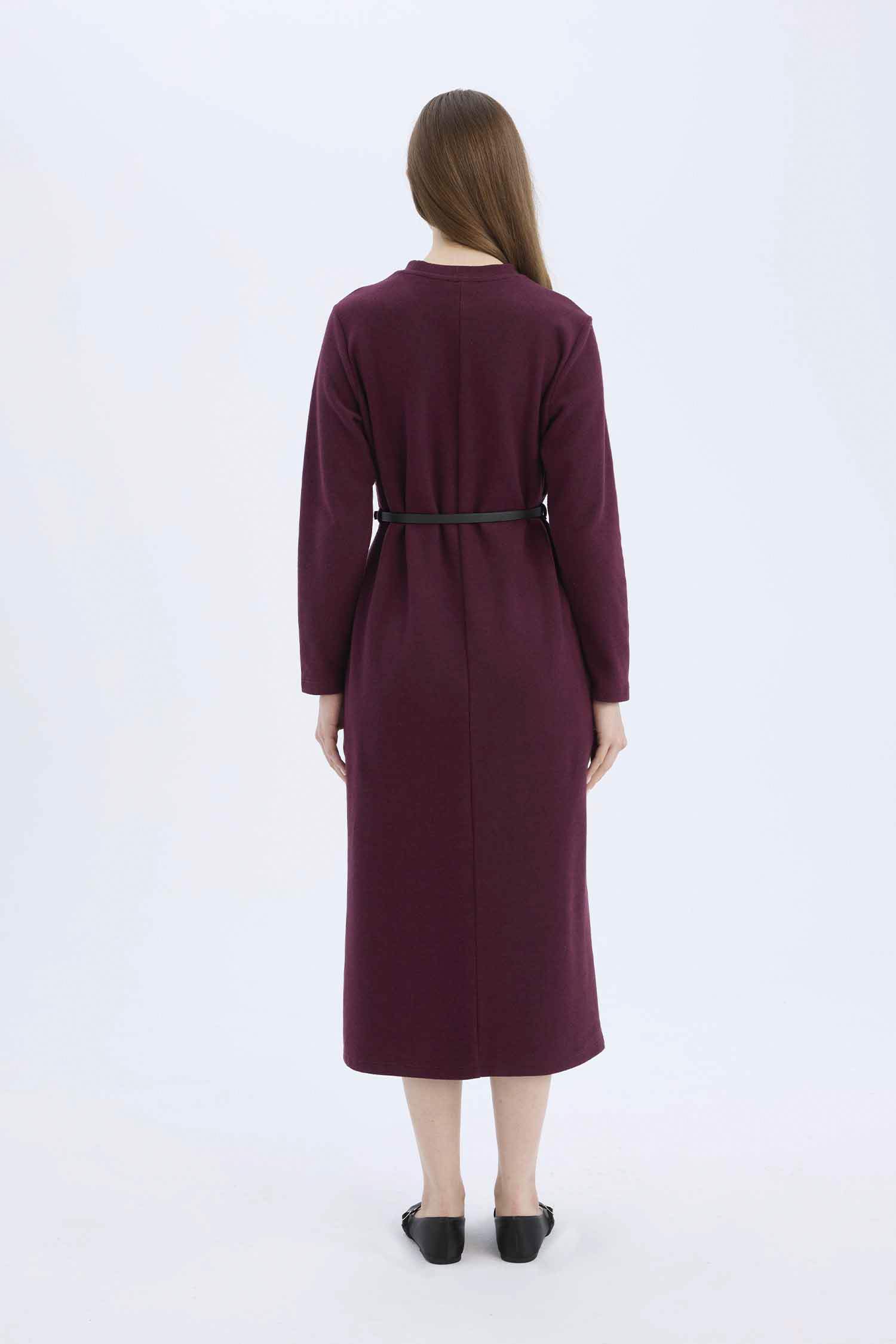 Regular Fit Bisiklet Yaka Uzun Kollu Kemerli Selanik Kumaş Maxi Tesettür Elbise