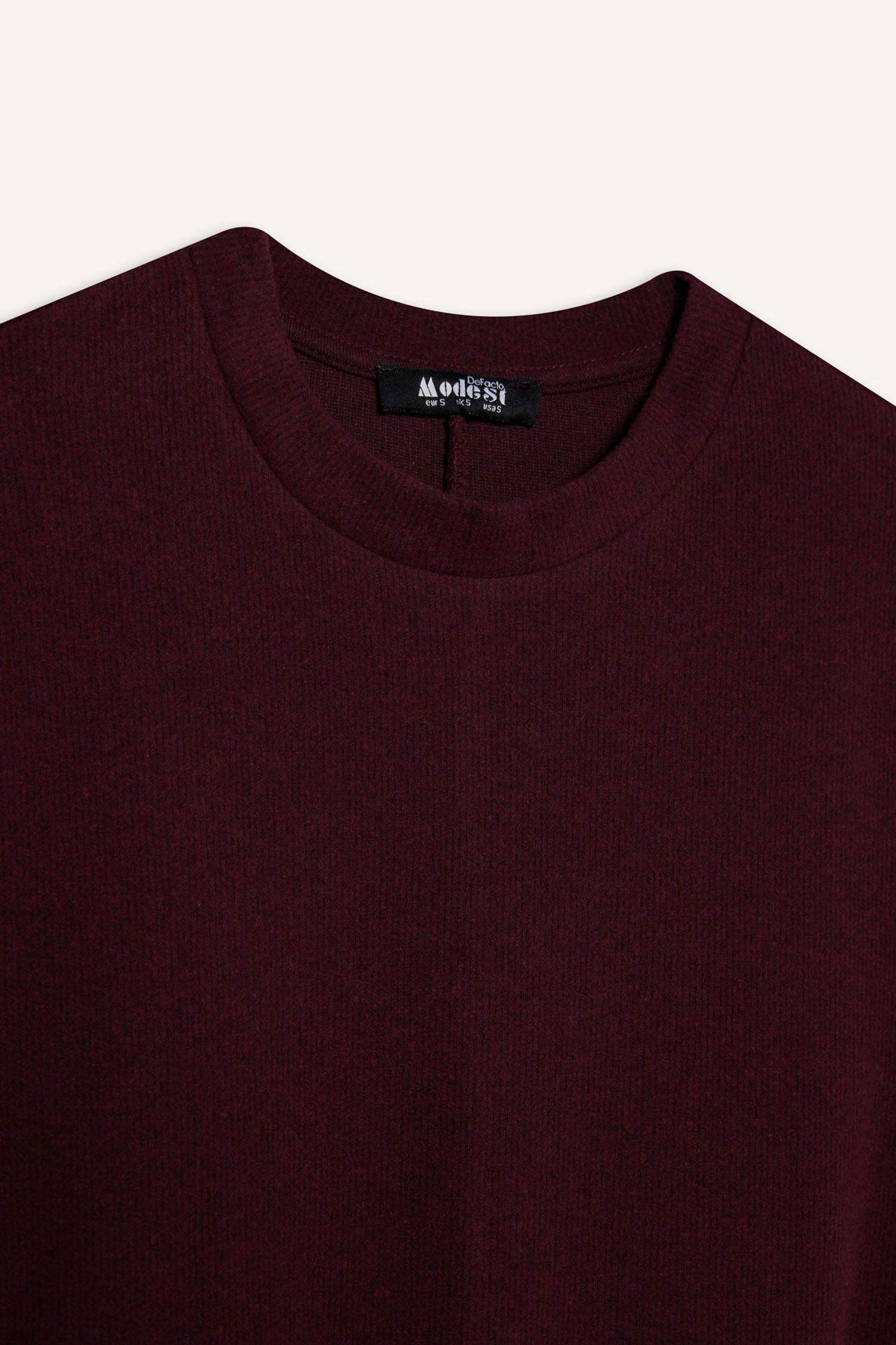 Regular Fit Bisiklet Yaka Uzun Kollu Kemerli Selanik Kumaş Maxi Tesettür Elbise