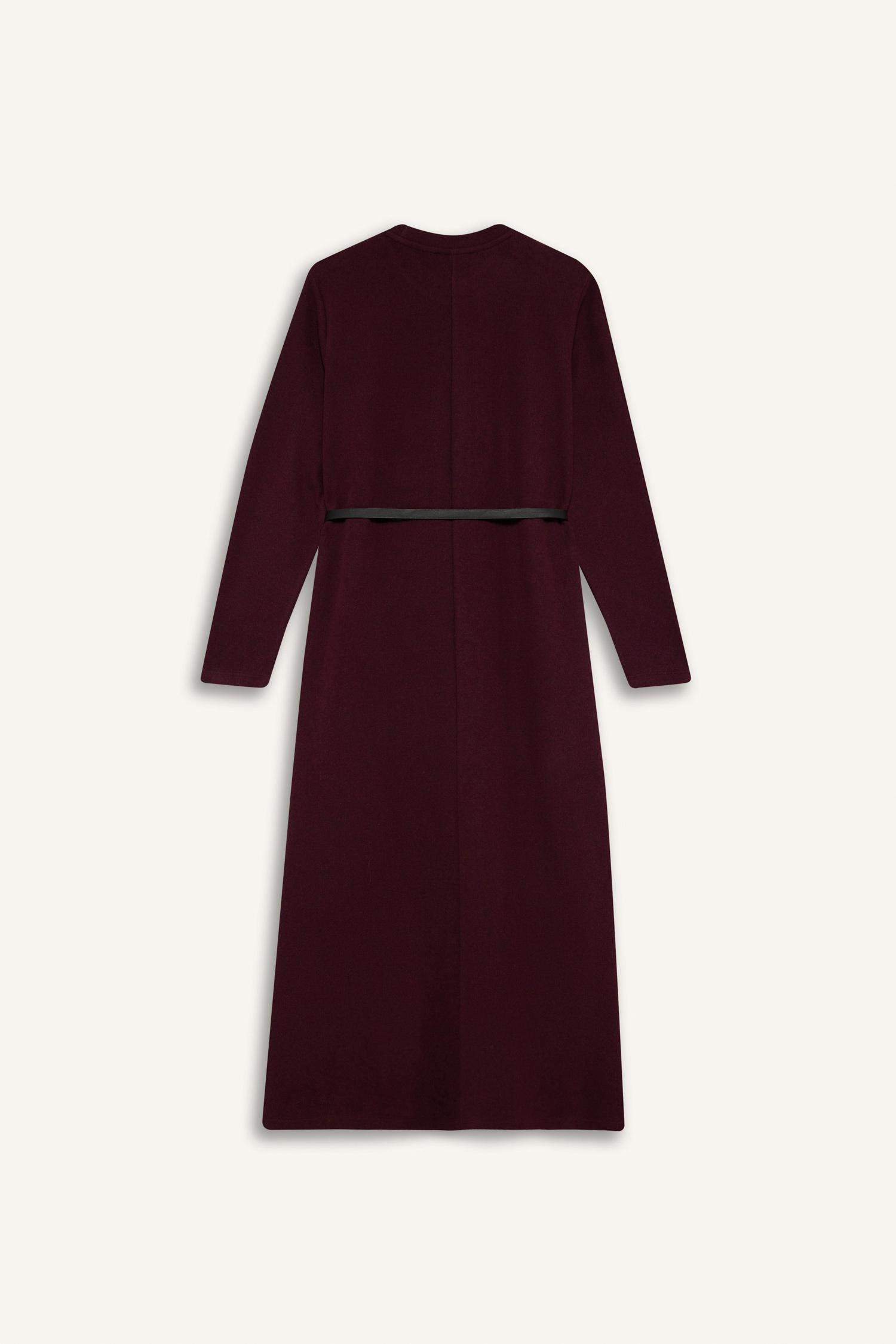 Regular Fit Bisiklet Yaka Uzun Kollu Kemerli Selanik Kumaş Maxi Tesettür Elbise