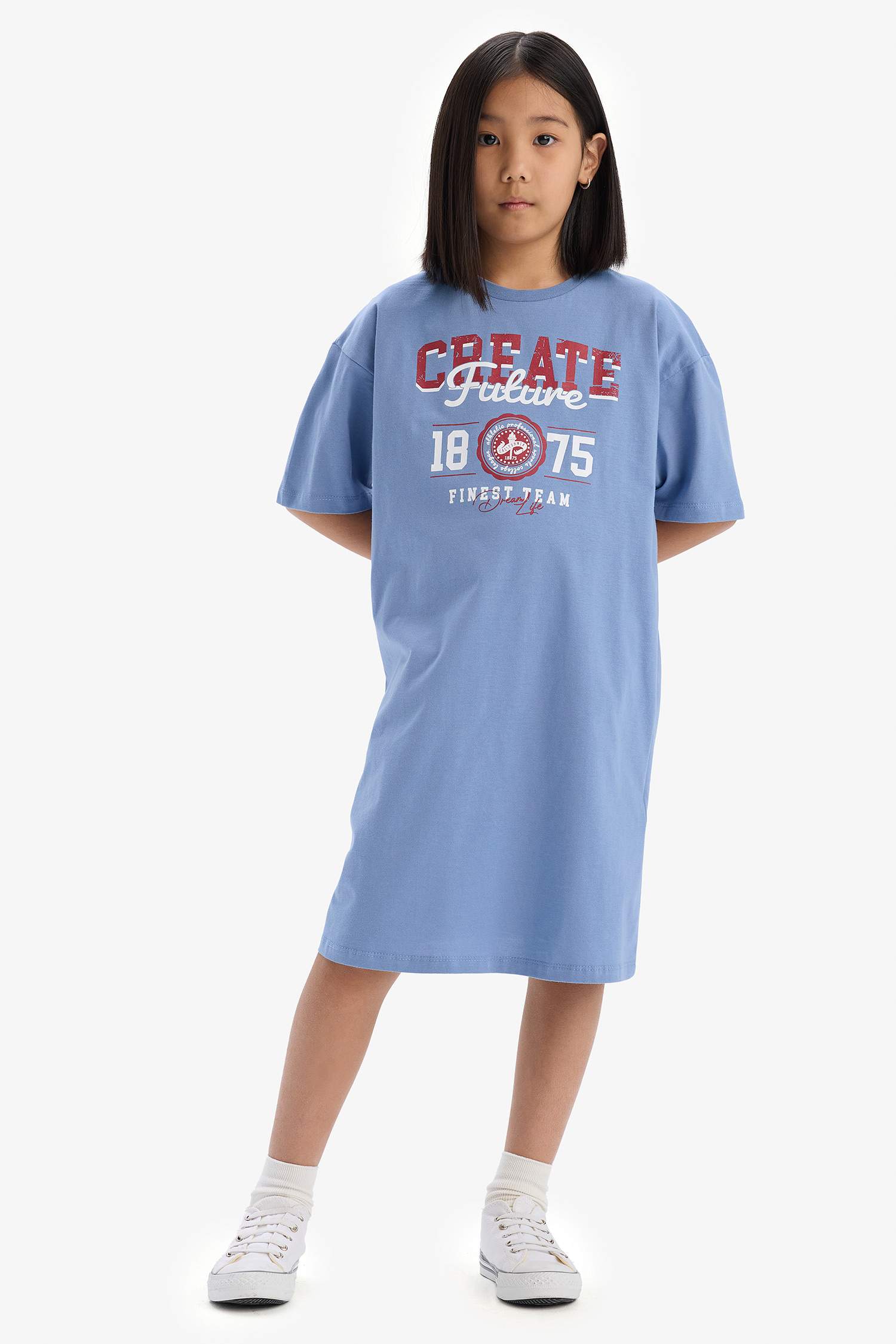 Kız Çocuk Oversize Geniş Kalıp Bisiklet Yaka Baskılı Kısa Kollu Yazlık Elbise