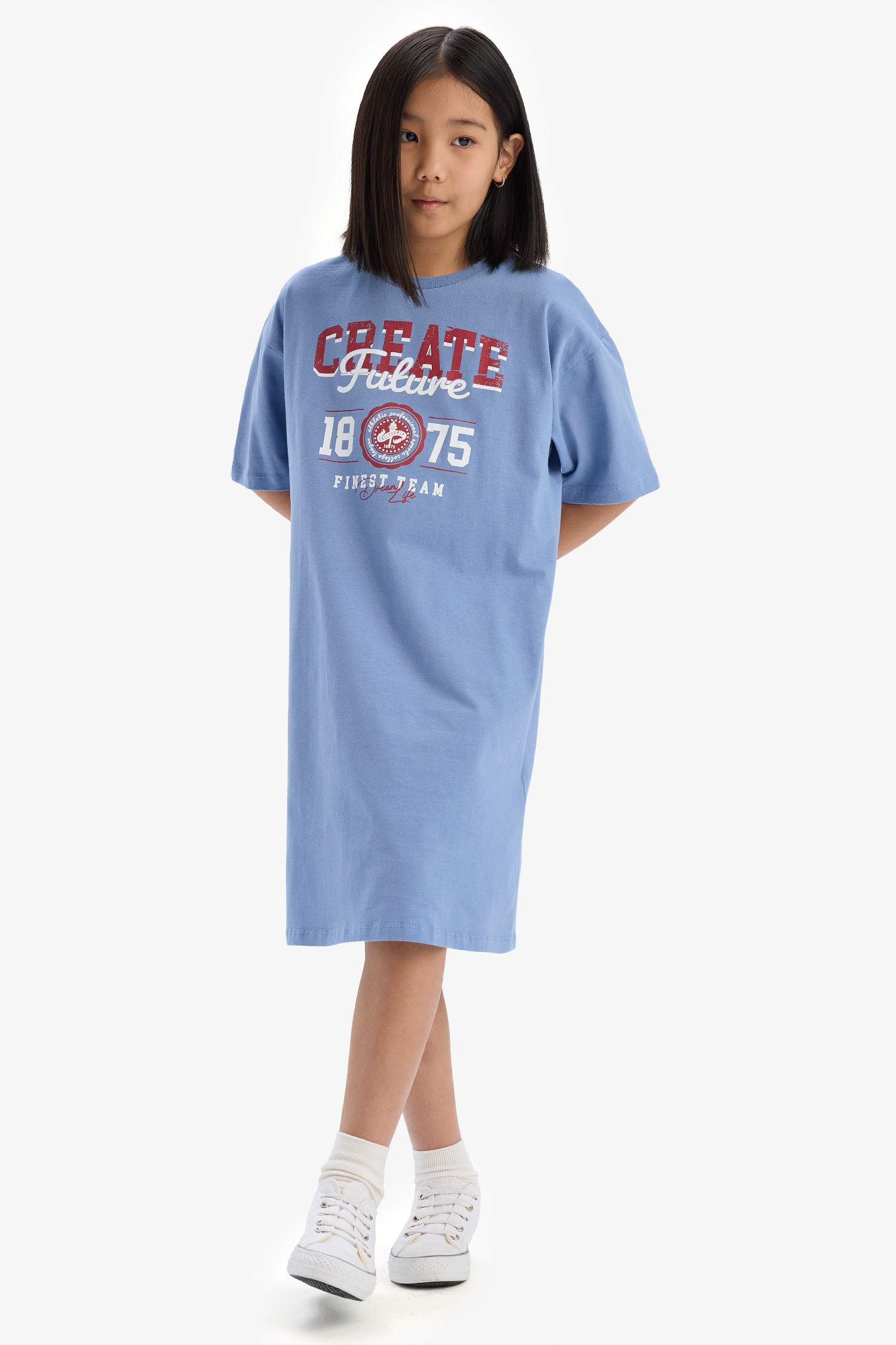 Kız Çocuk Oversize Geniş Kalıp Bisiklet Yaka Baskılı Kısa Kollu Yazlık Elbise