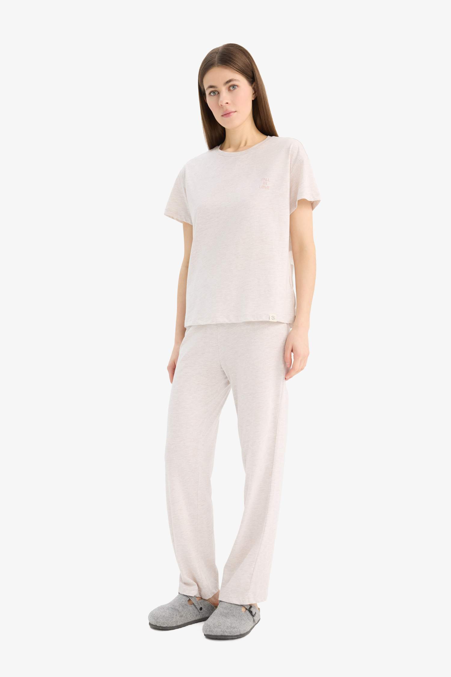 Regular Fit Pijama Takımı Kısa Kollu Üst Beli Lastikli Uzun Alt-Fall in Love