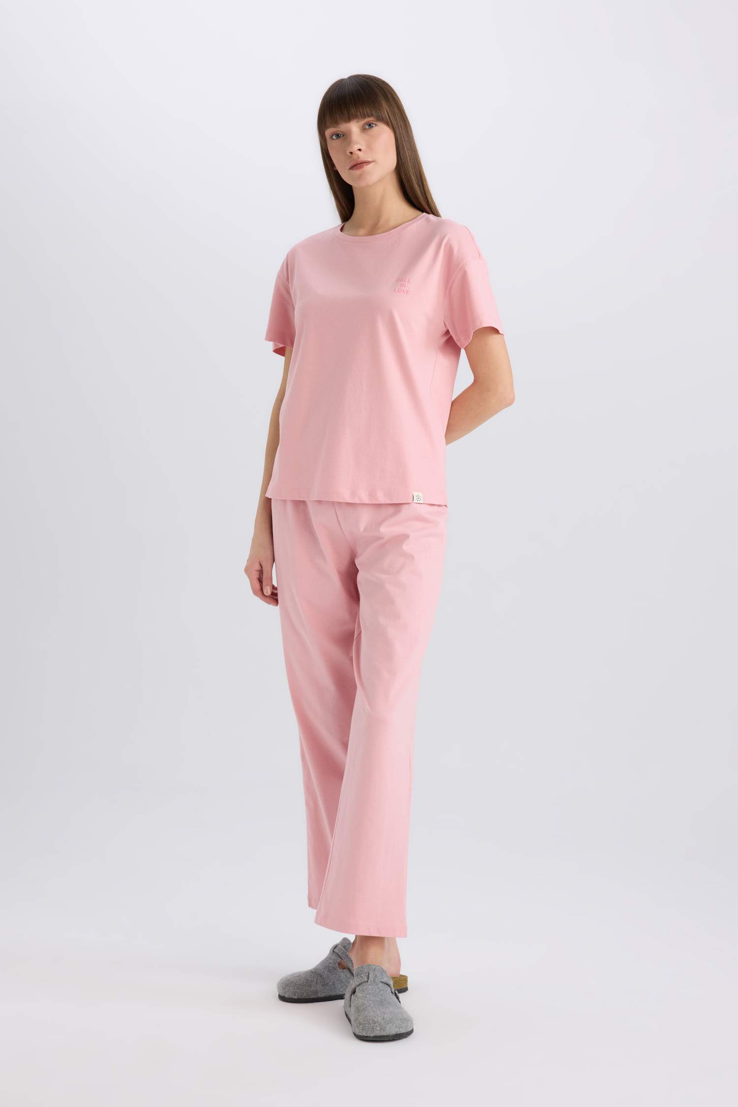 Pijama Takımı Regular Fit Kısa Kollu Üst Beli Lastikli Uzun Alt-Fall in Love