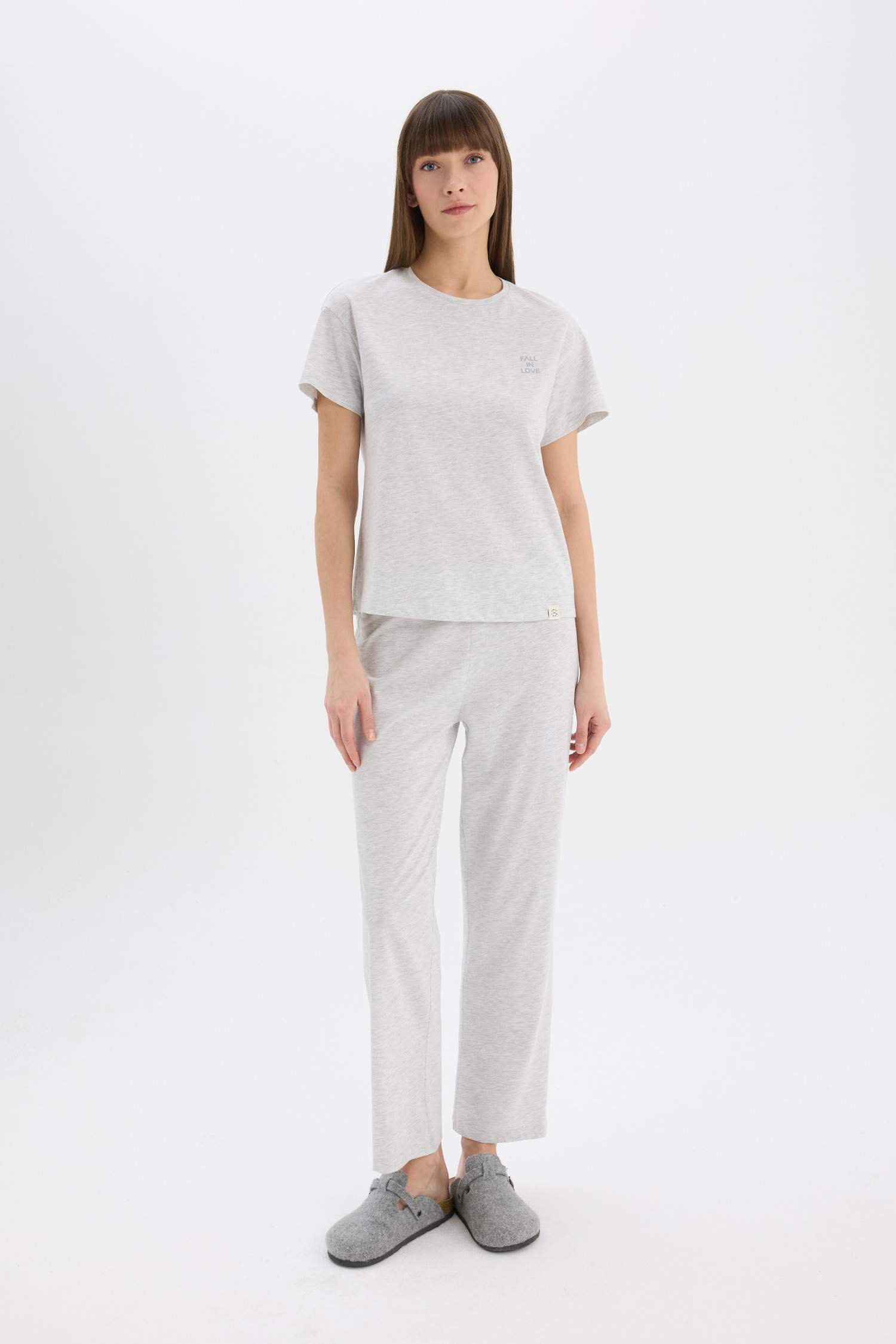 Pijama Takımı Bisiklet Yaka Kısa Kollu Üst Beli Lastikli Uzun Alt-Fall in Love