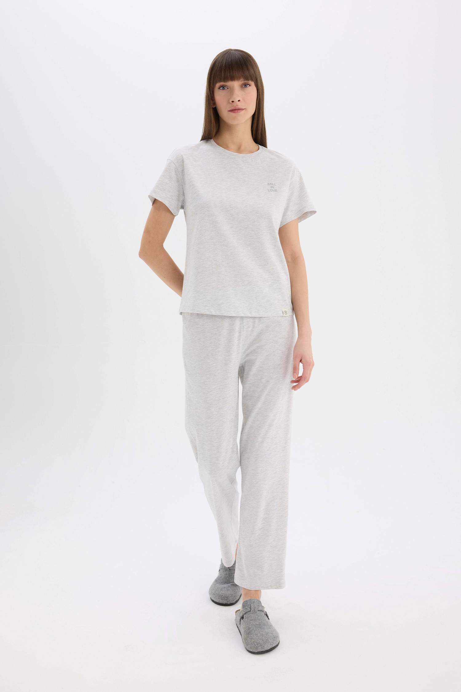 Pijama Takımı Bisiklet Yaka Kısa Kollu Üst Beli Lastikli Uzun Alt-Fall in Love