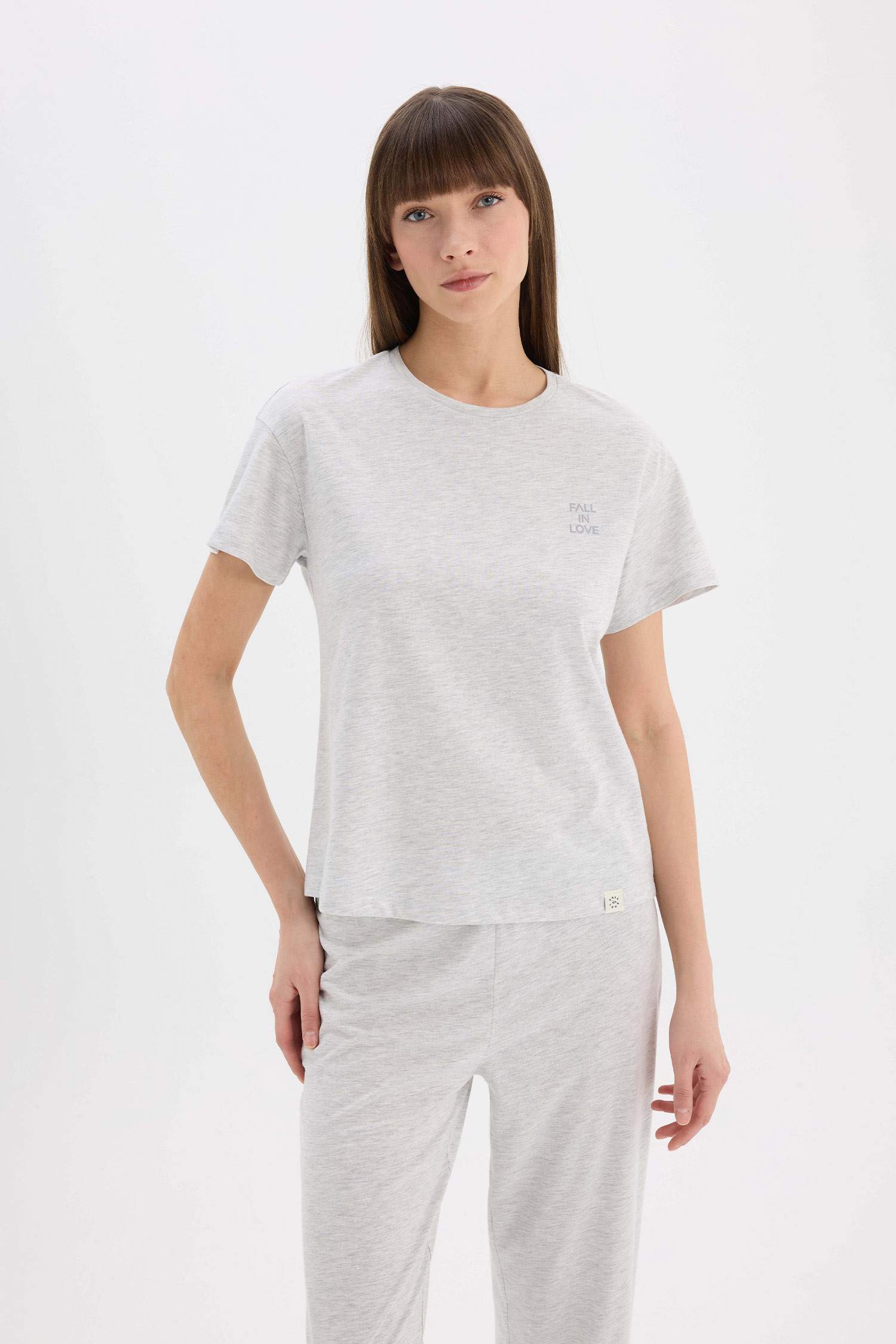 Pijama Takımı Bisiklet Yaka Kısa Kollu Üst Beli Lastikli Uzun Alt-Fall in Love