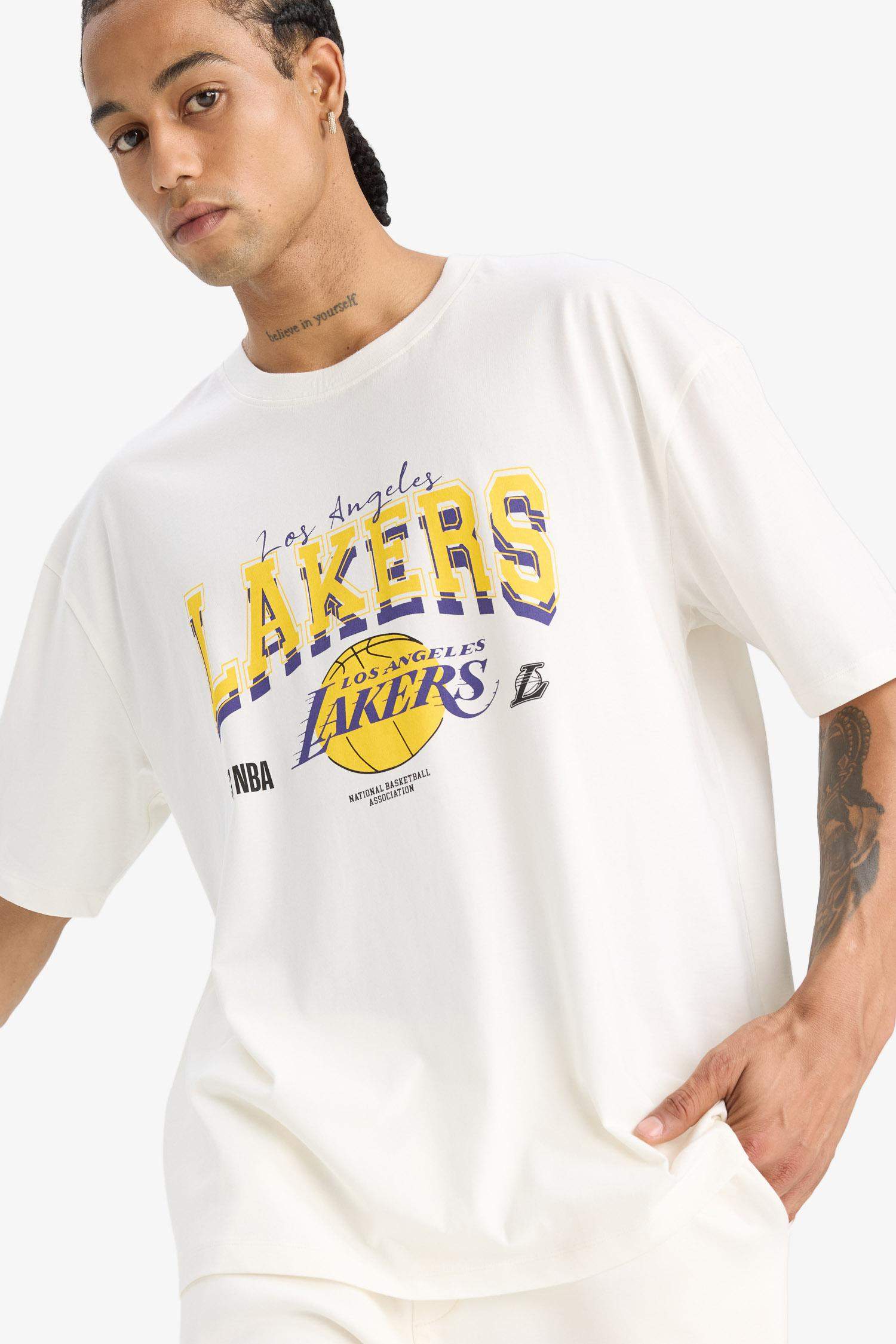 %100 Pamuk NBA Los Angeles Lakers Oversize Geniş Kalıp Bisiklet Yaka Kısa Kollu Tişört
