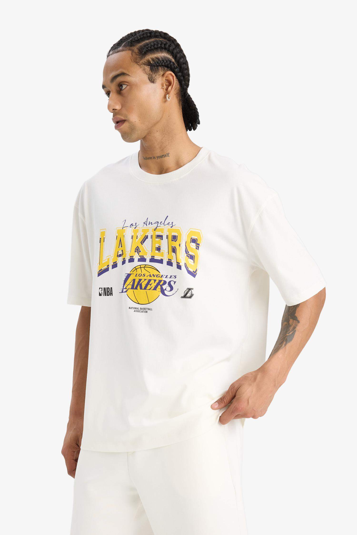 %100 Pamuk NBA Los Angeles Lakers Oversize Geniş Kalıp Bisiklet Yaka Kısa Kollu Tişört