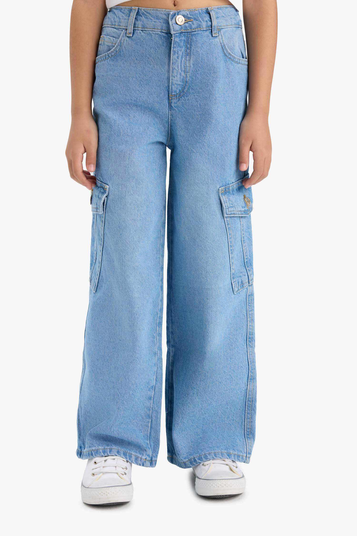 بنطلون جينز قطن كارجو بناتي برجل واسع وجيب