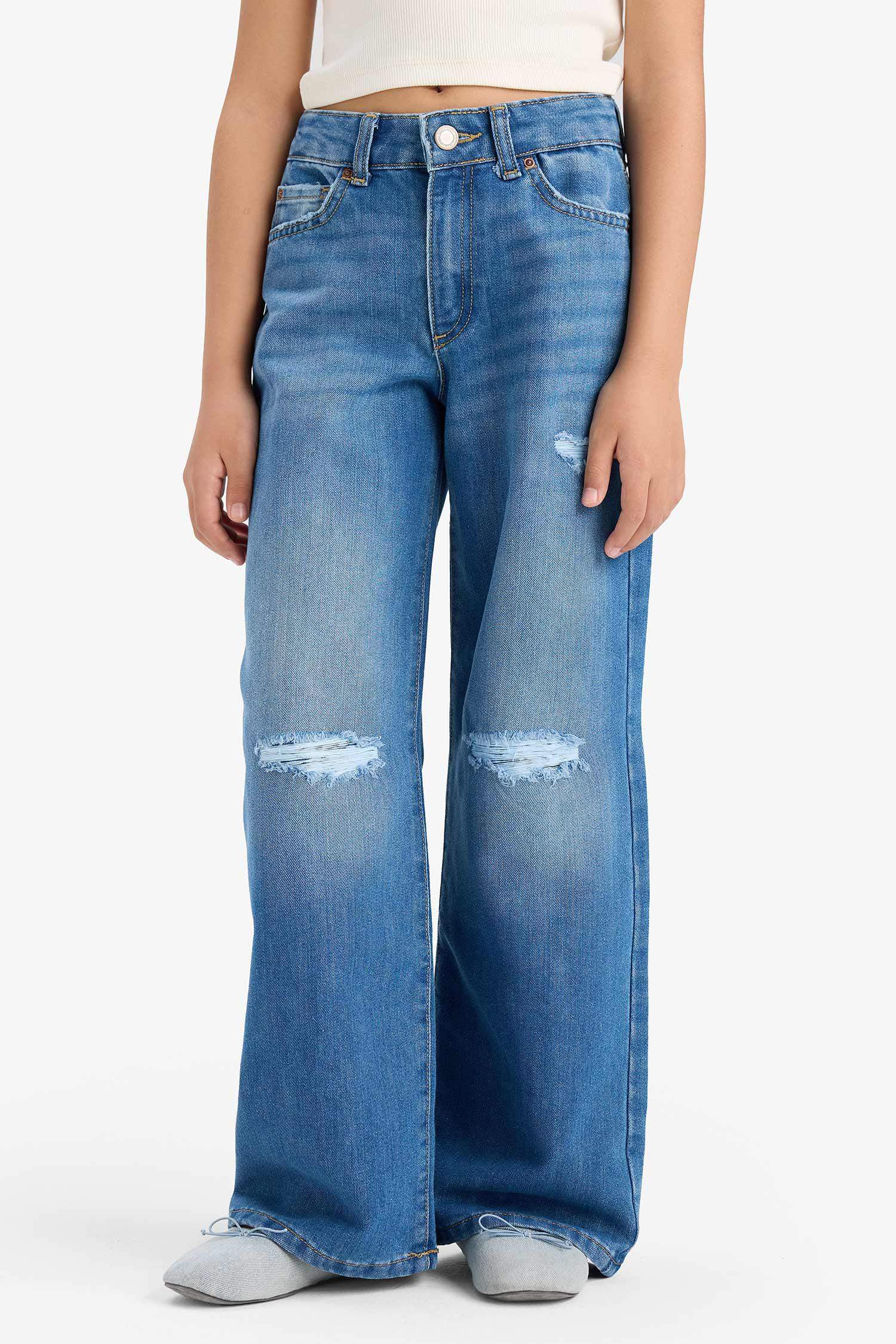 بنطلون جينز بناتي وايد ليج برجل عريض ممزق