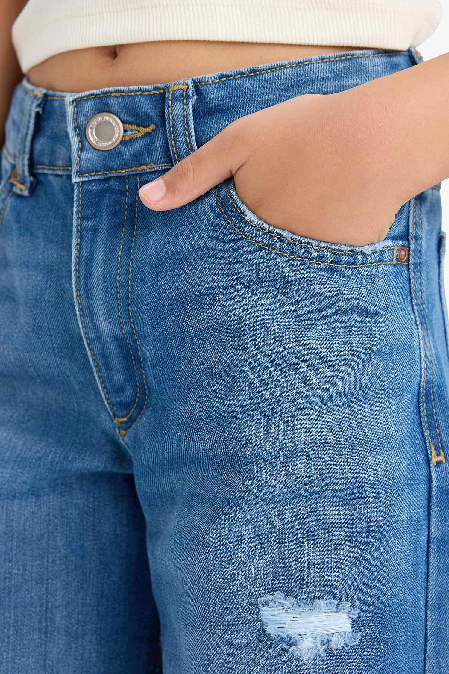 Kız Çocuk Wide Leg Yırtık Detaylı Geniş Paça Jean Pantolon