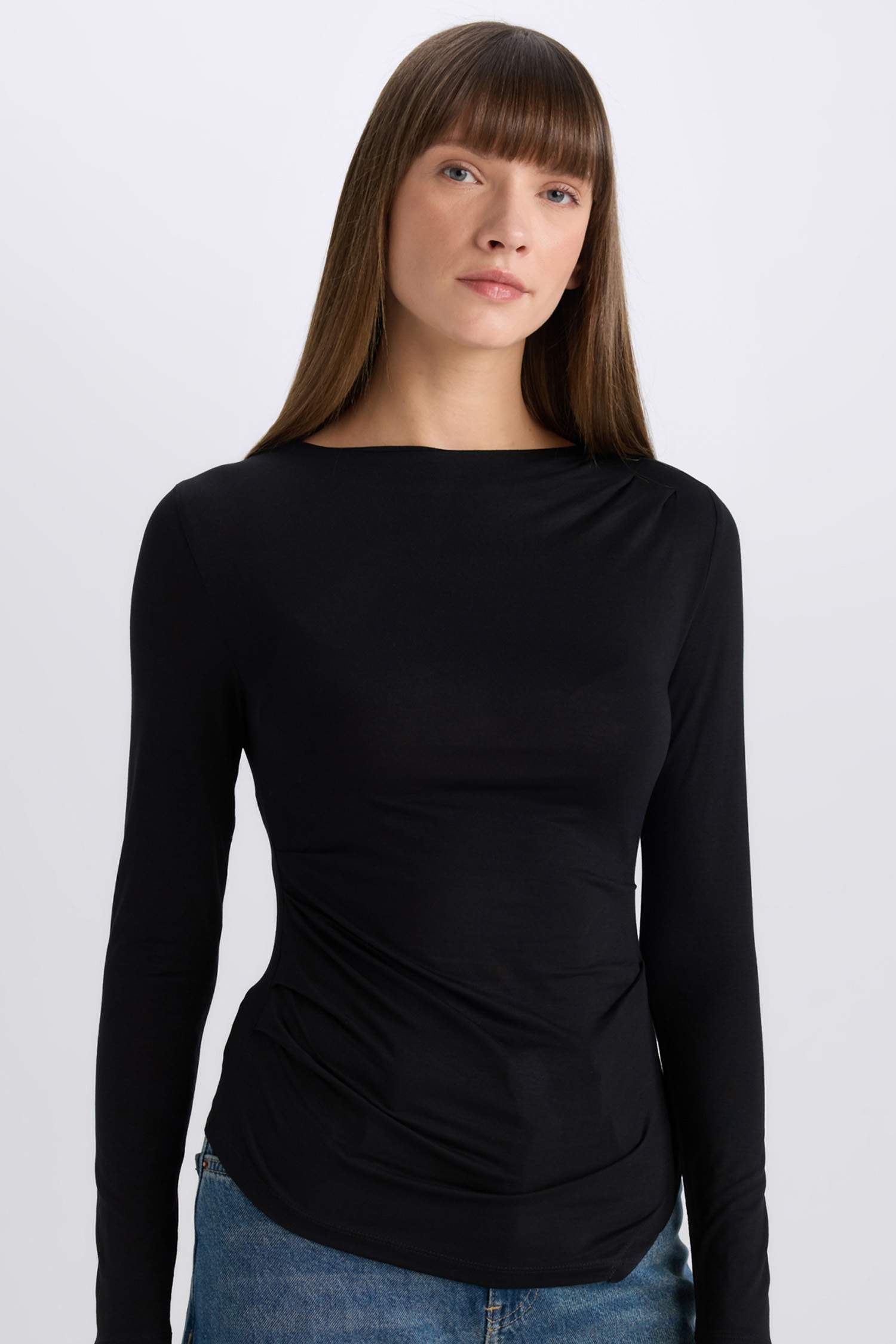 Slim Fit Dar Kesim Bisiklet Yaka Basic Düz Soft Touch Uzun Kollu Tişört