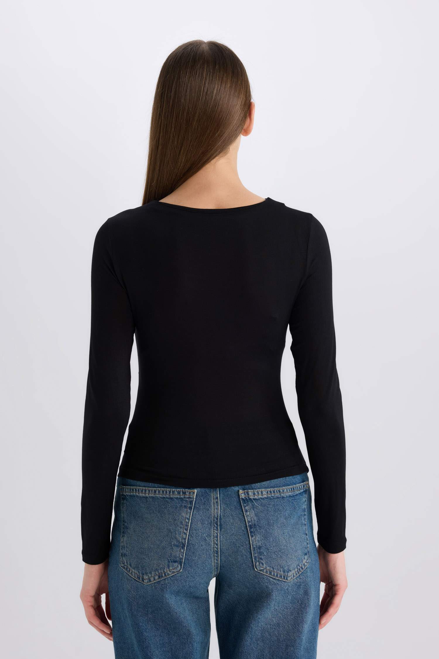 Slim Fit Dar Kesim Bisiklet Yaka Basic Düz Soft Touch Uzun Kollu Tişört