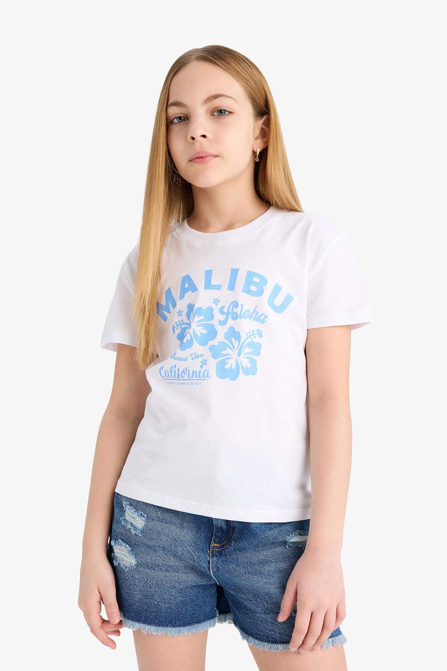 Kız Çocuk Relax Fit Bisiklet Yaka Baskılı Kısa Kollu Tişört