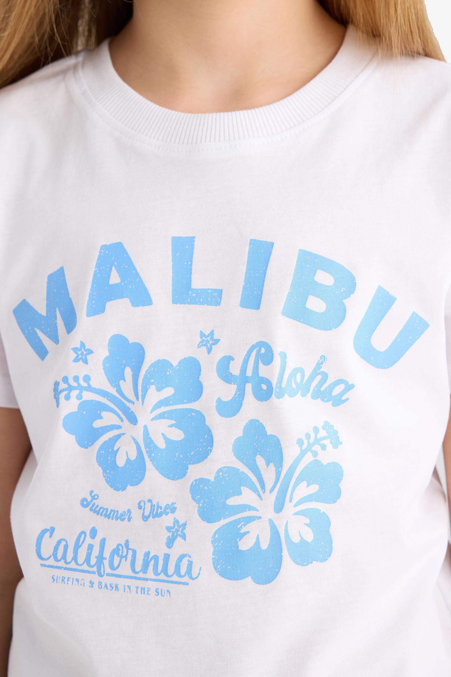 Kız Çocuk Relax Fit Bisiklet Yaka Baskılı Kısa Kollu Tişört