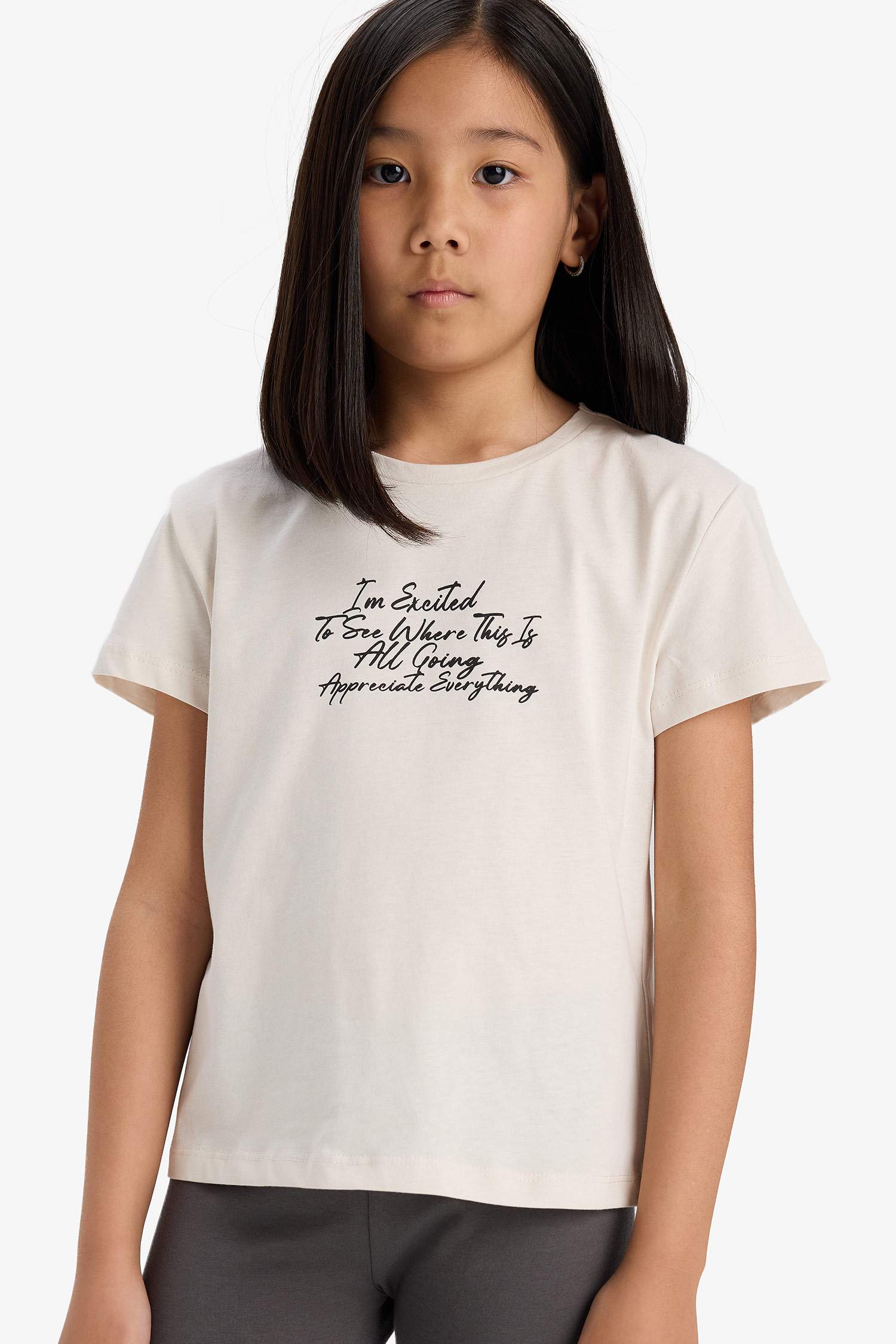 Kız Çocuk Bisiklet Yaka Baskılı Kısa Kollu Tişört