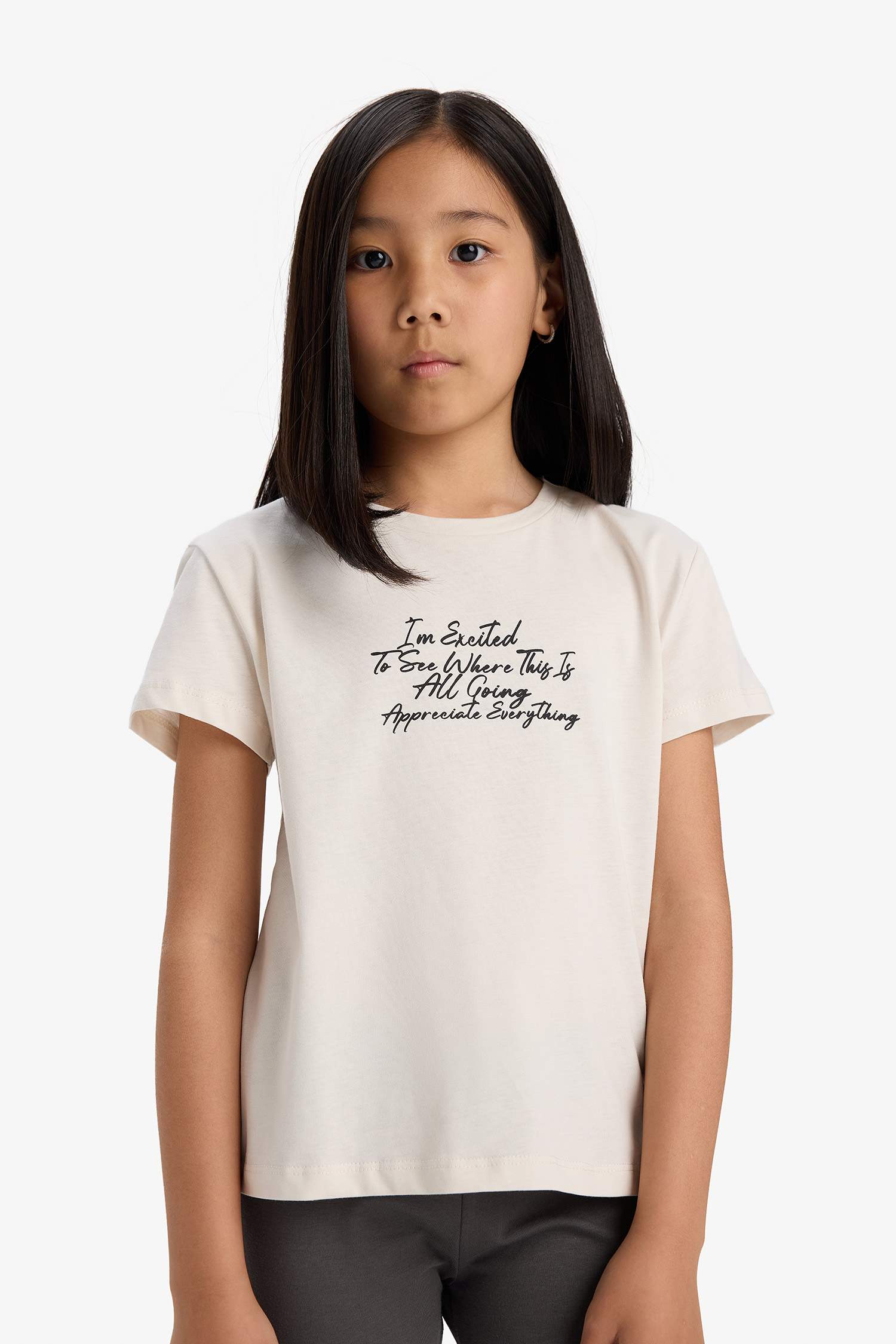 Kız Çocuk Bisiklet Yaka Baskılı Kısa Kollu Tişört