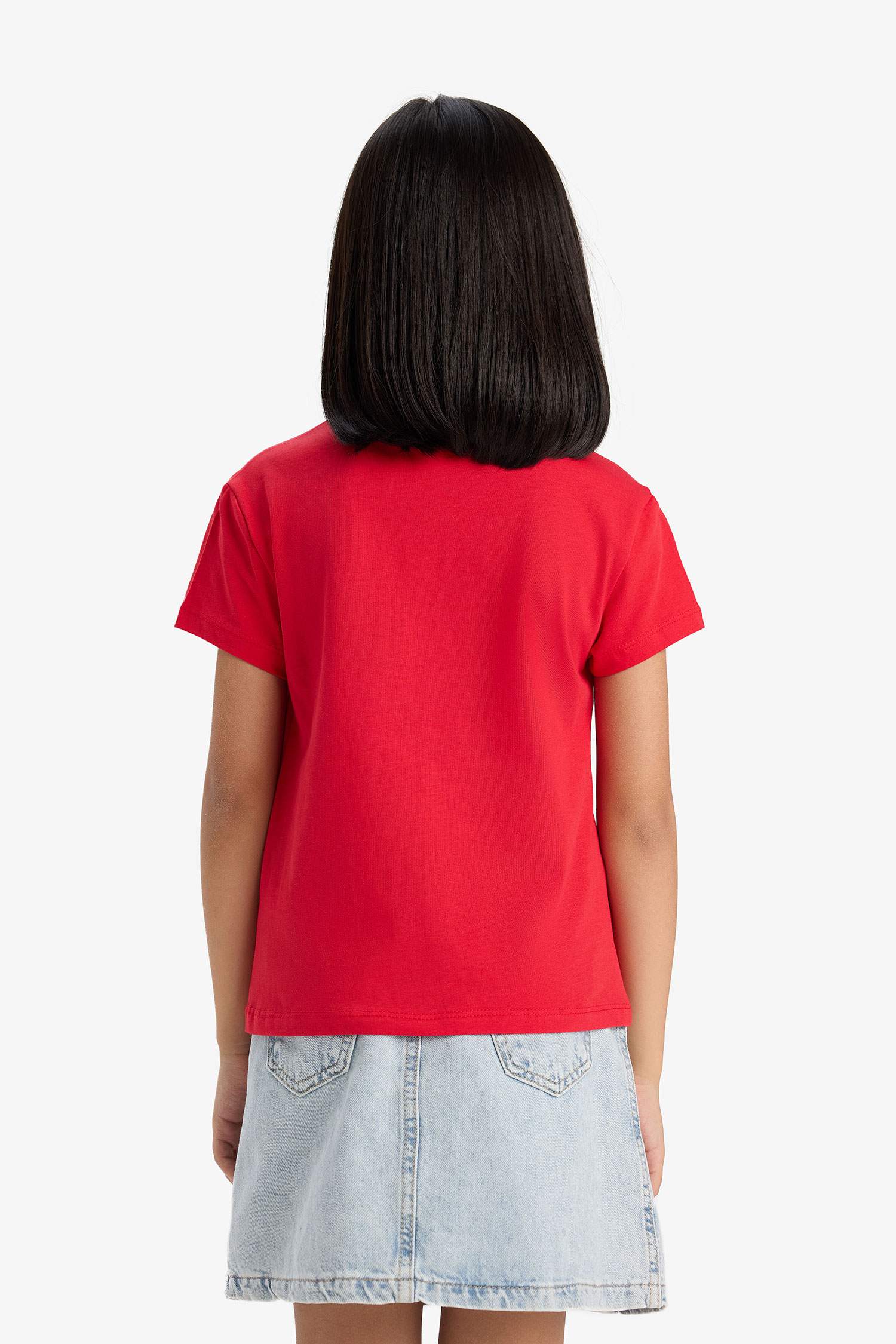 تيشيرت بناتي نص ردن بطبعة شعار قصة عادية بياخة مستديرة