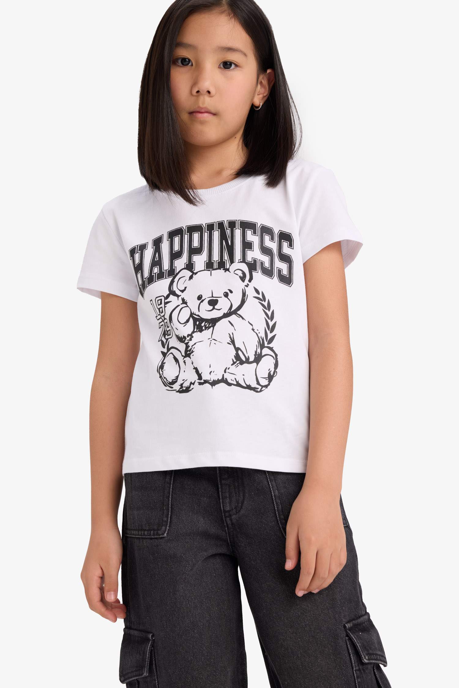 Kız Çocuk Bisiklet Yaka Baskılı Kısa Kollu Tişört