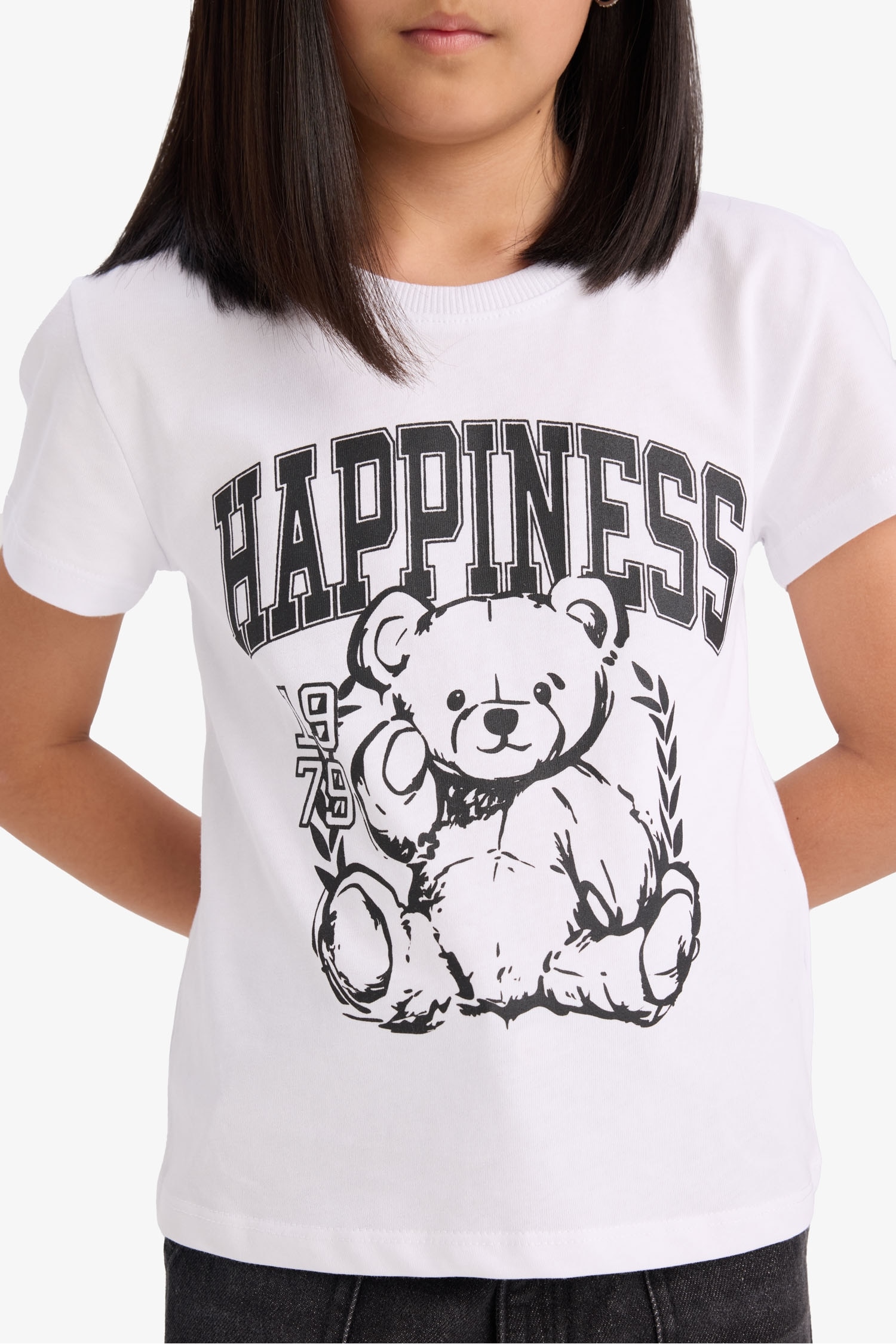 Kız Çocuk Bisiklet Yaka Baskılı Kısa Kollu Tişört