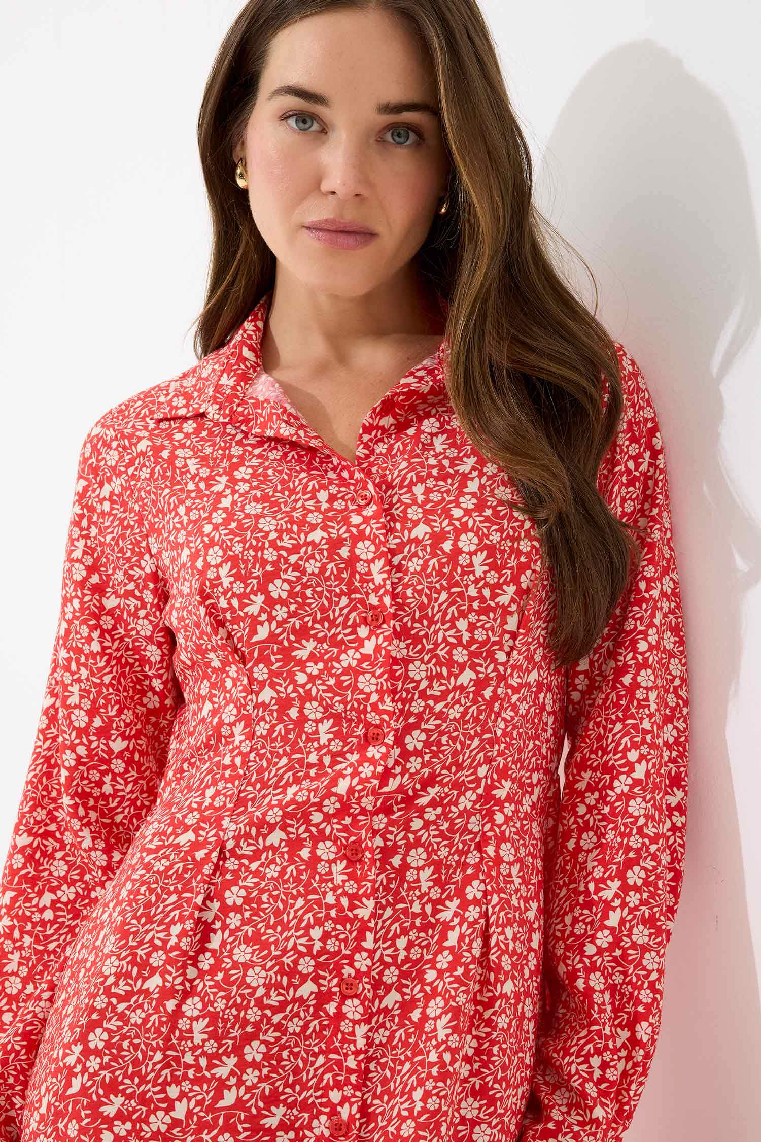 Gömlek Yaka Çiçek Desenli Uzun Kollu Midi Elbise