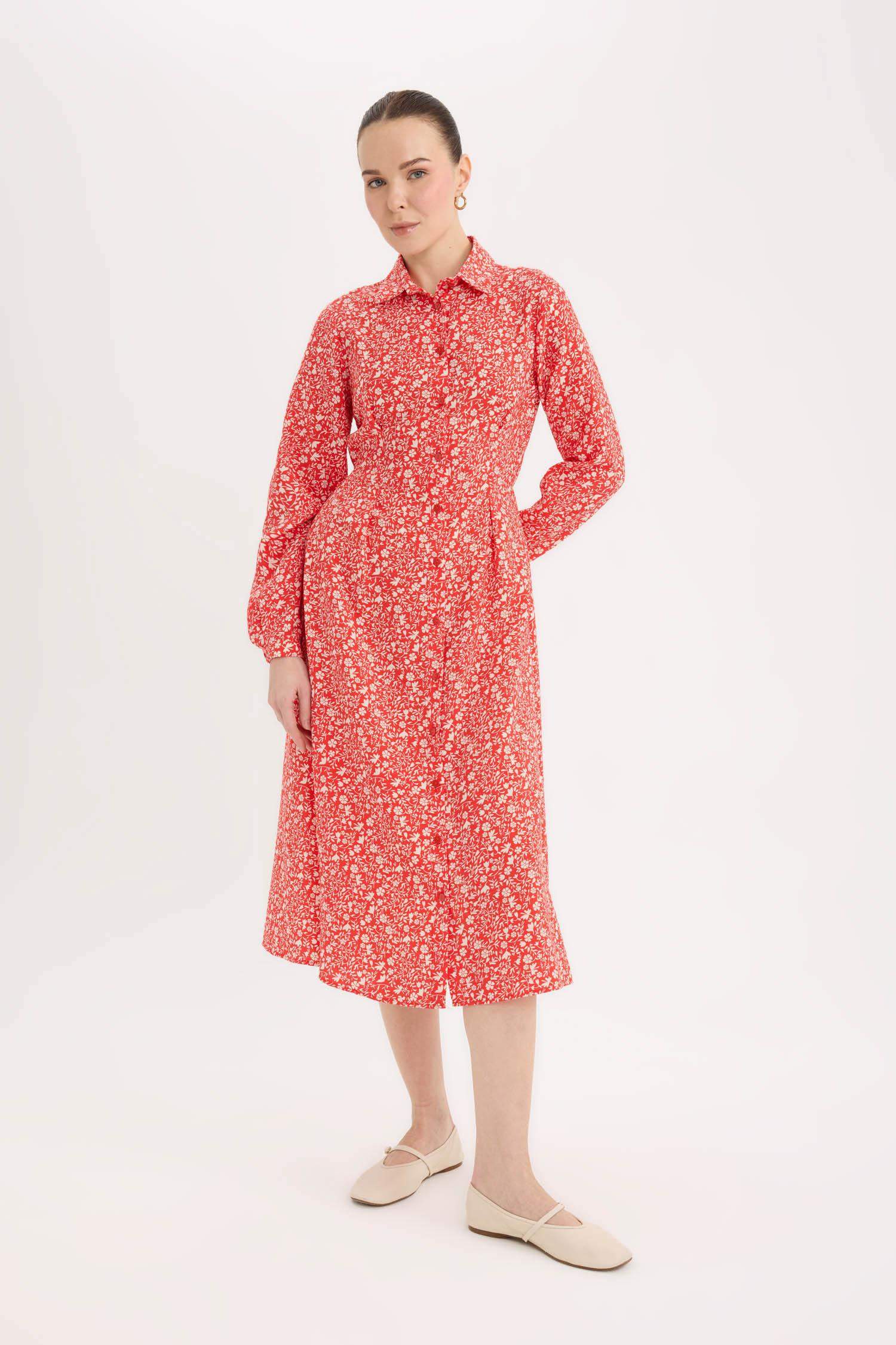 Gömlek Yaka Çiçek Desenli Uzun Kollu Midi Elbise