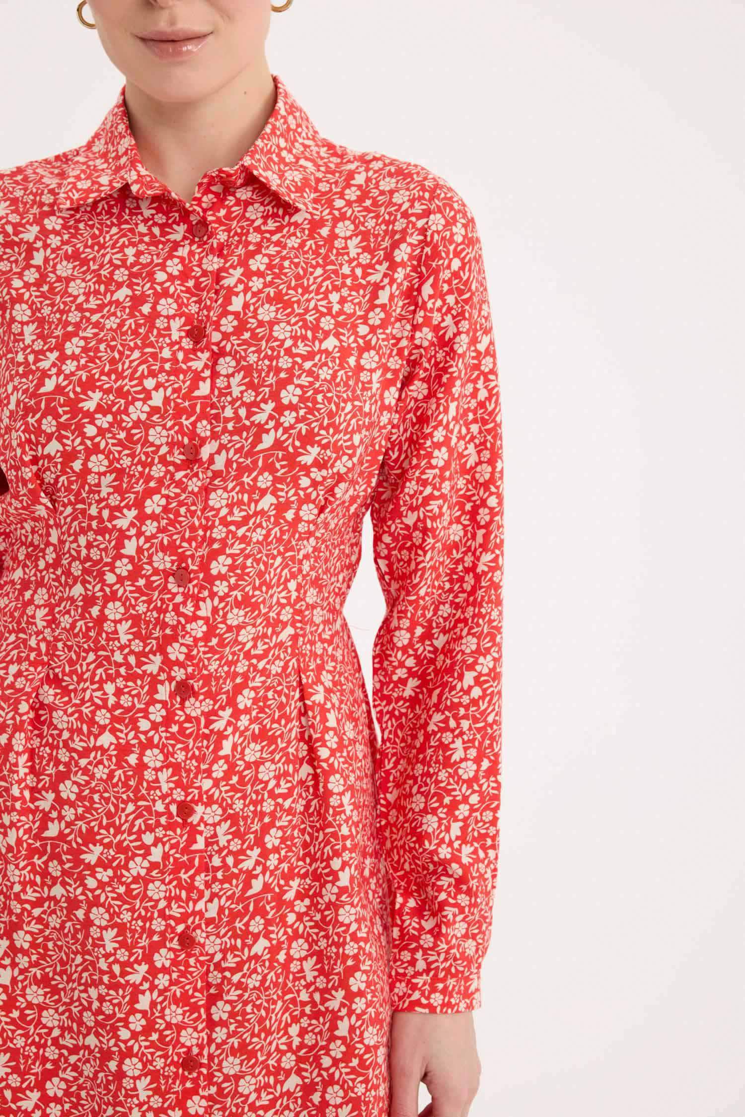 Gömlek Yaka Çiçek Desenli Uzun Kollu Midi Elbise